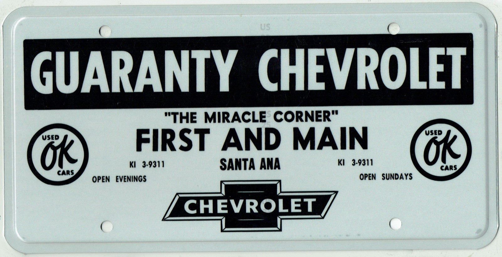 Santa Ana California Guaranty Chevrolet RARE Vintage Dealer License Plate Insert Santa Ana California Guaranty Chevrolet RARE Vintage Dealer License Plate Insert