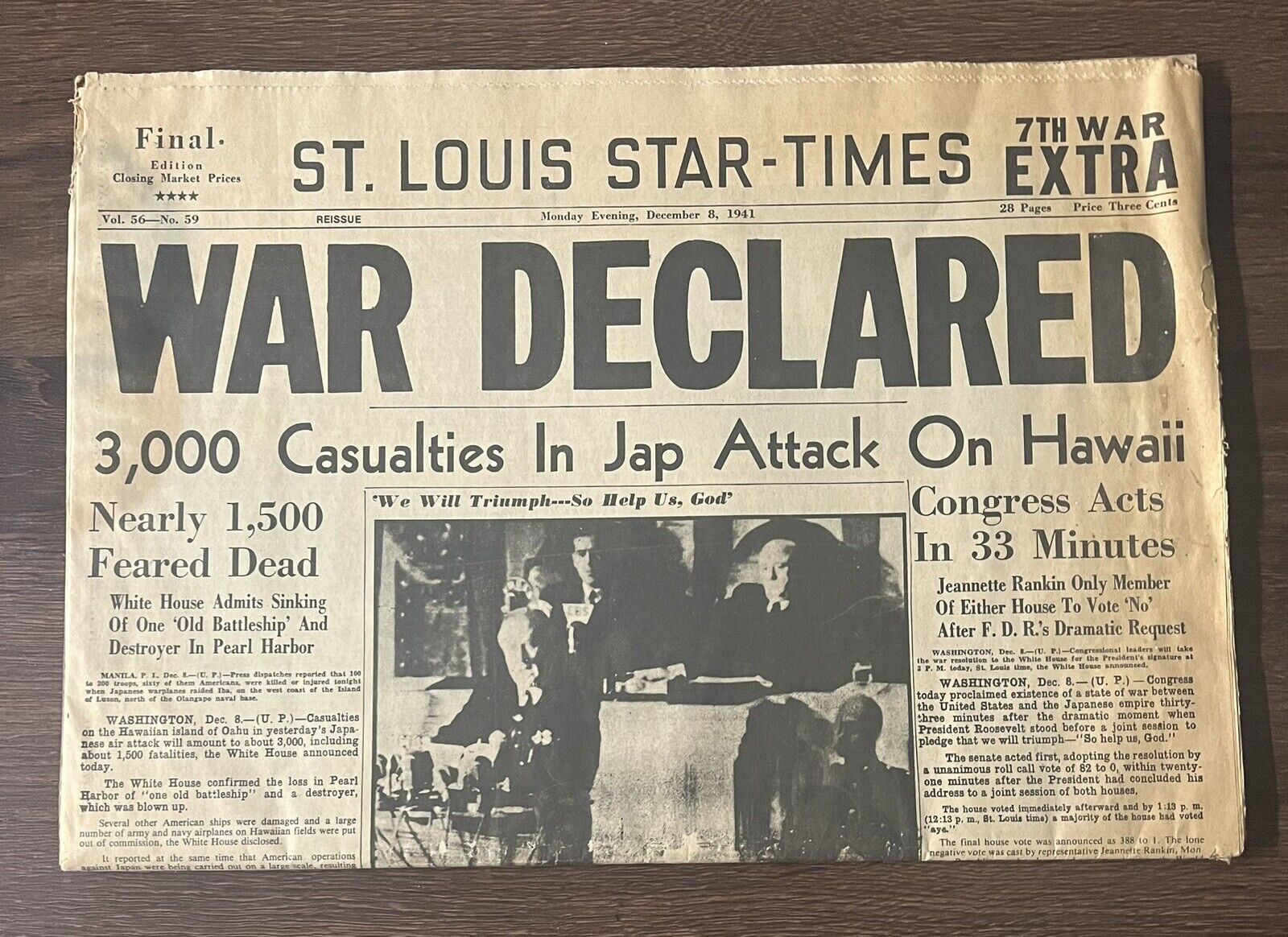 1941 St Louis Star Times War Declared WWII Pearl Harbor Newspaper