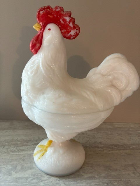 Milk Glass Westmoreland Standing Rooster Covered Dish Marked