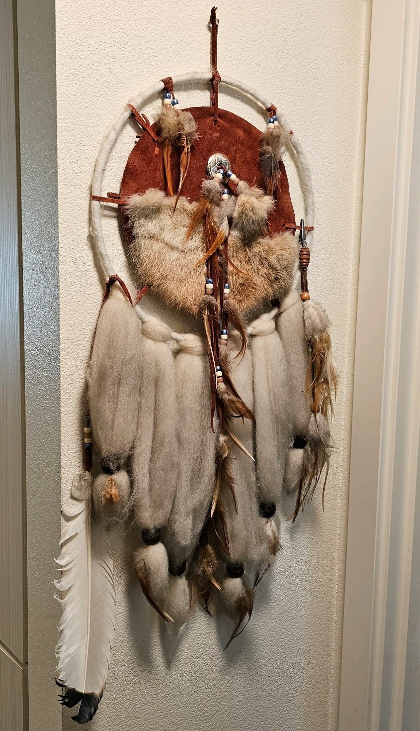 Vintage Southwestern Style Dreamcatcher Leather Suede Fur Feathers Beads Large