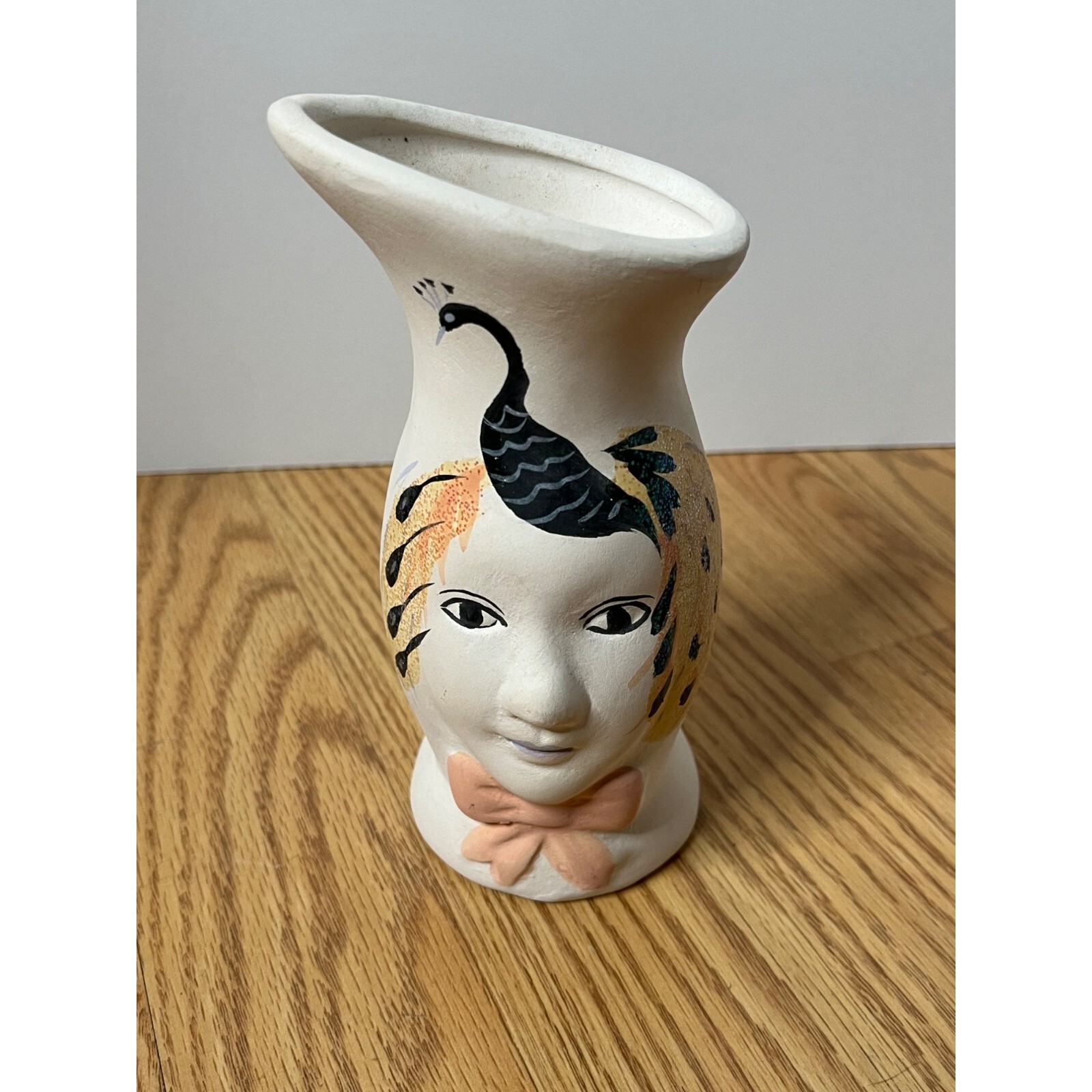 Hand-Painted 6” Ceramic Peacock Mask Face Vase Design Unglazed