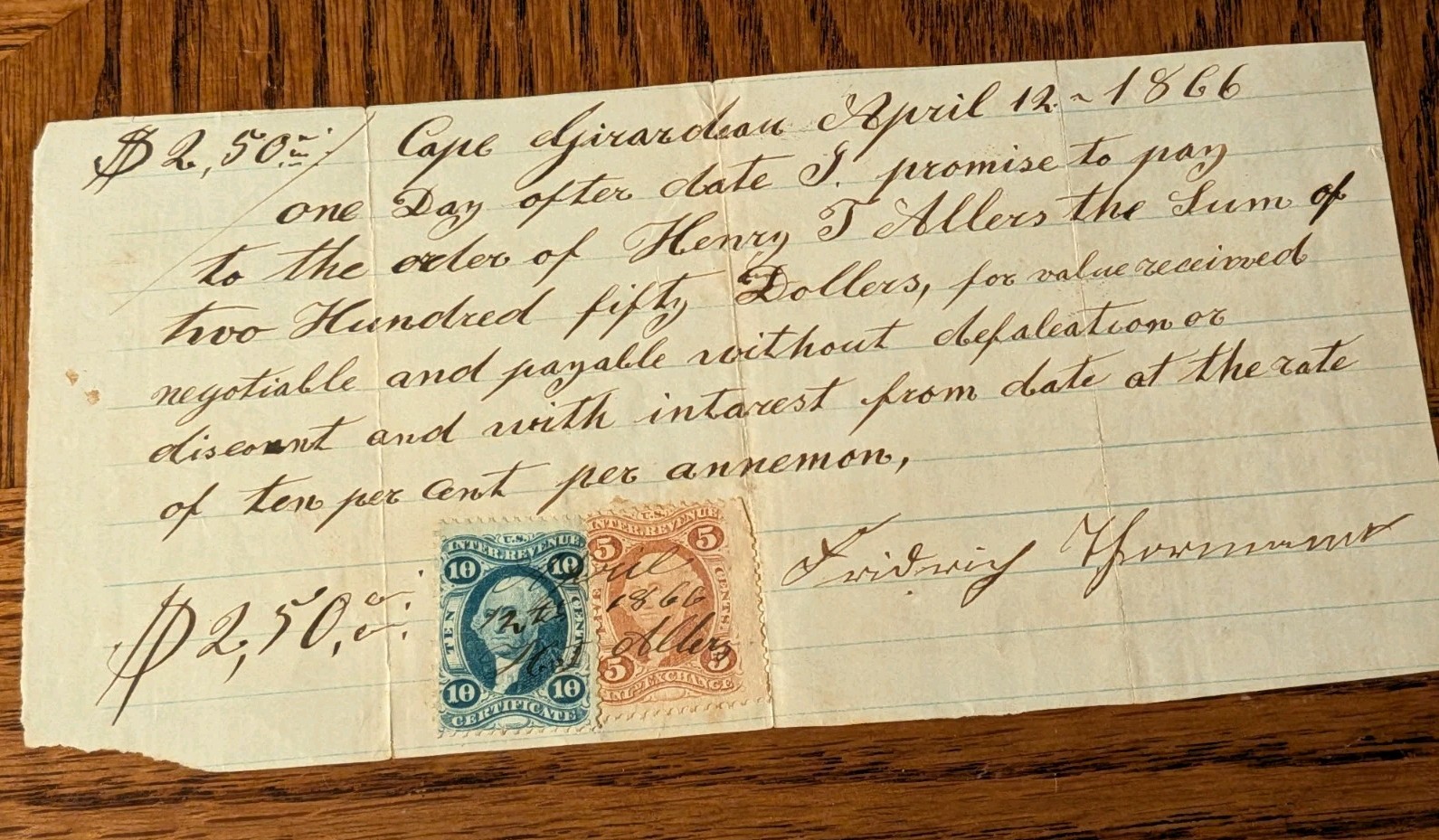 1866 Promissory Note Cape Girardeau Missouri Henry Allers