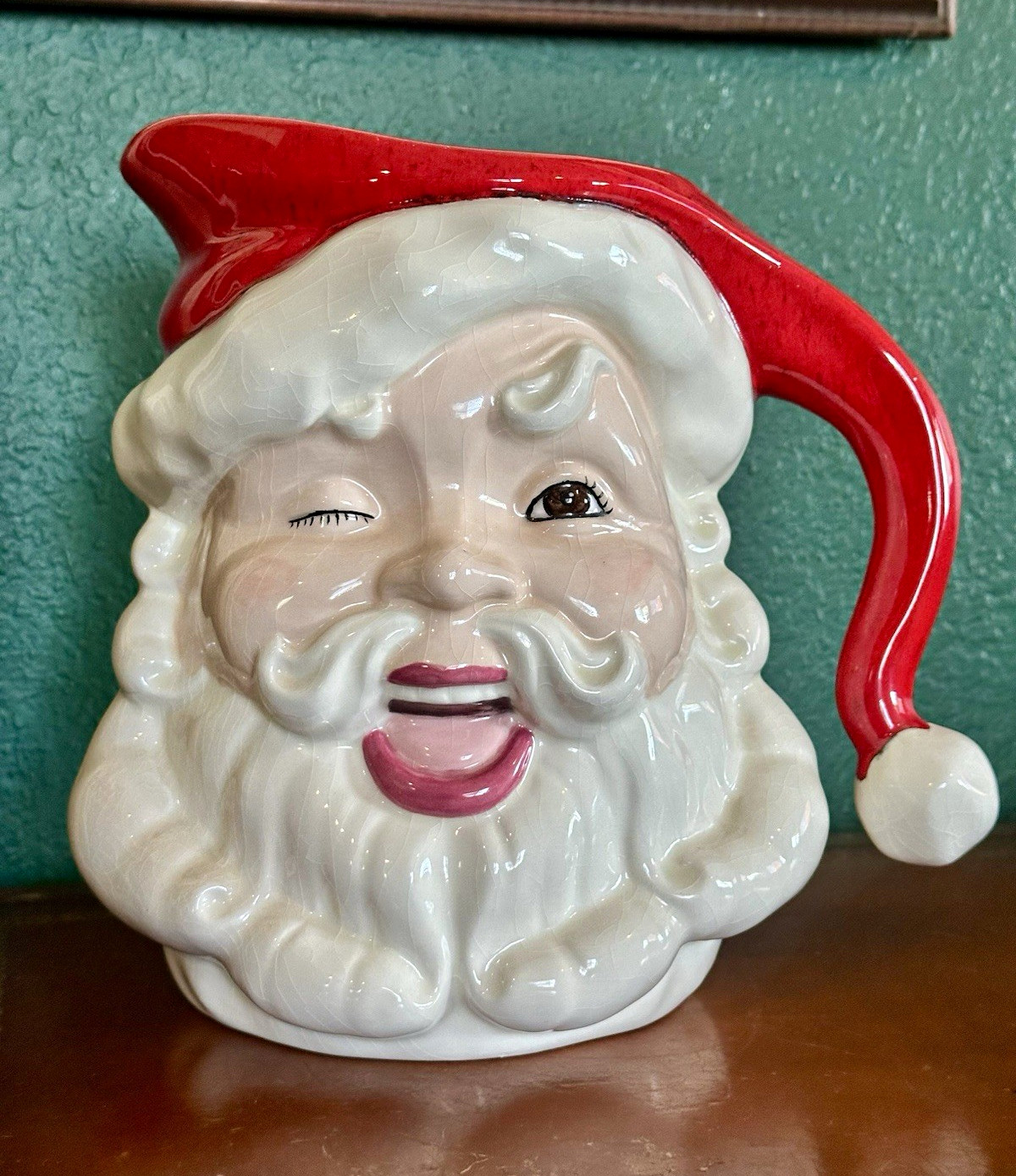 Vintage 1983 Ceramic Winking Santa Claus Face Pitcher Jug Christmas
