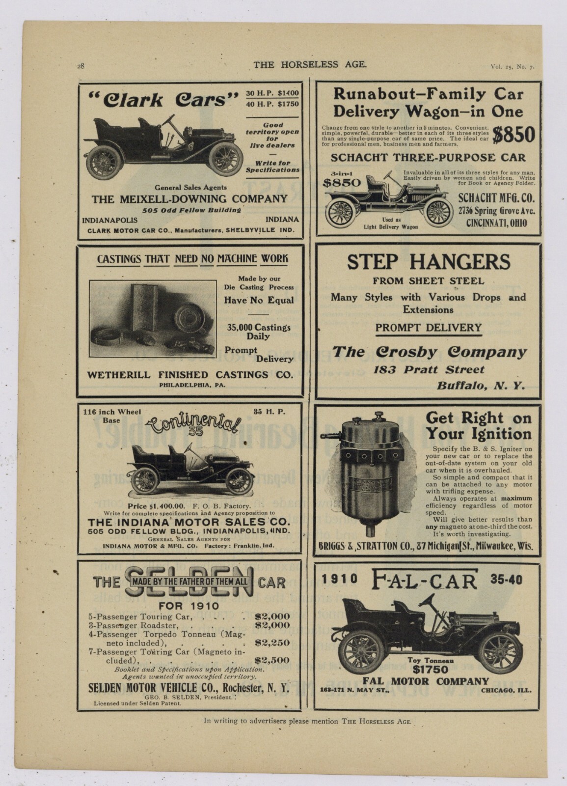 1910 Auto Ads on Single Page: Continental, Selden, Fal Car, Schacht, Clark,