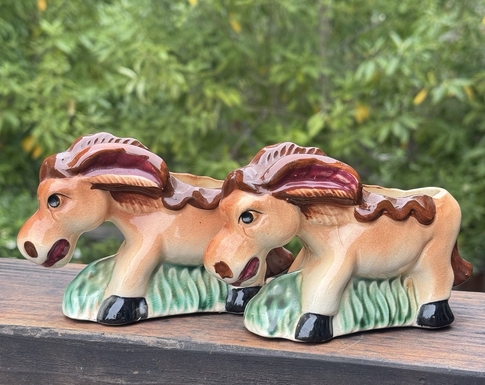Set Of 2 Vintage Ceramic Donkey/Burro W/Basket Planters Japan 6” X 4”