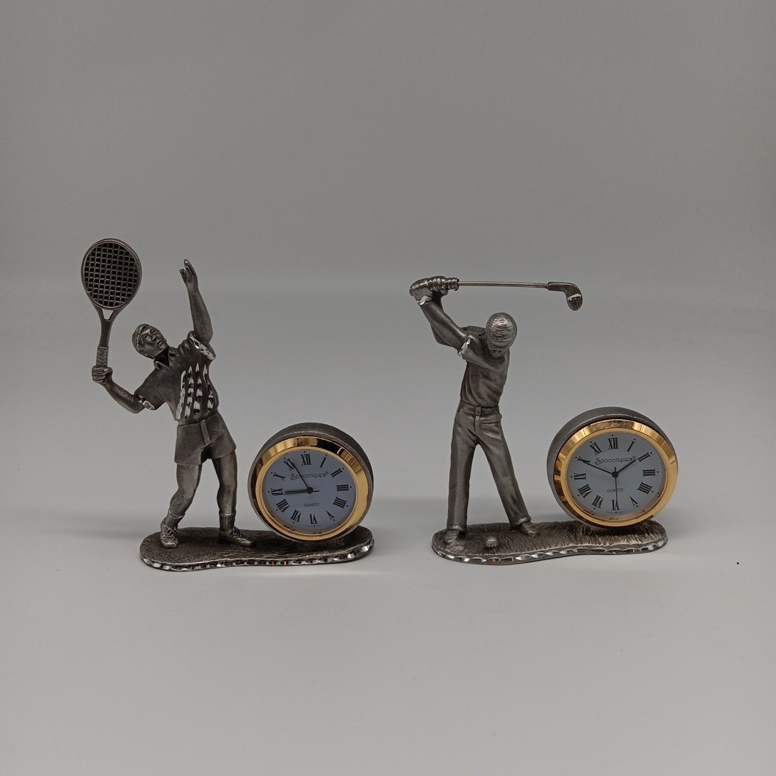 (2) Spoontiques Mini-Clocks Golfer and Tennis Player Pewter 4\