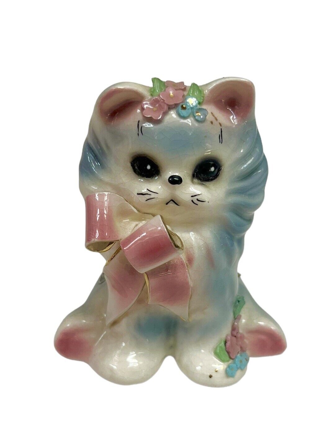 Joseph Originals - Puff - Blue Cat Kitten Pink Bow Figurine - Vintage Porcelain