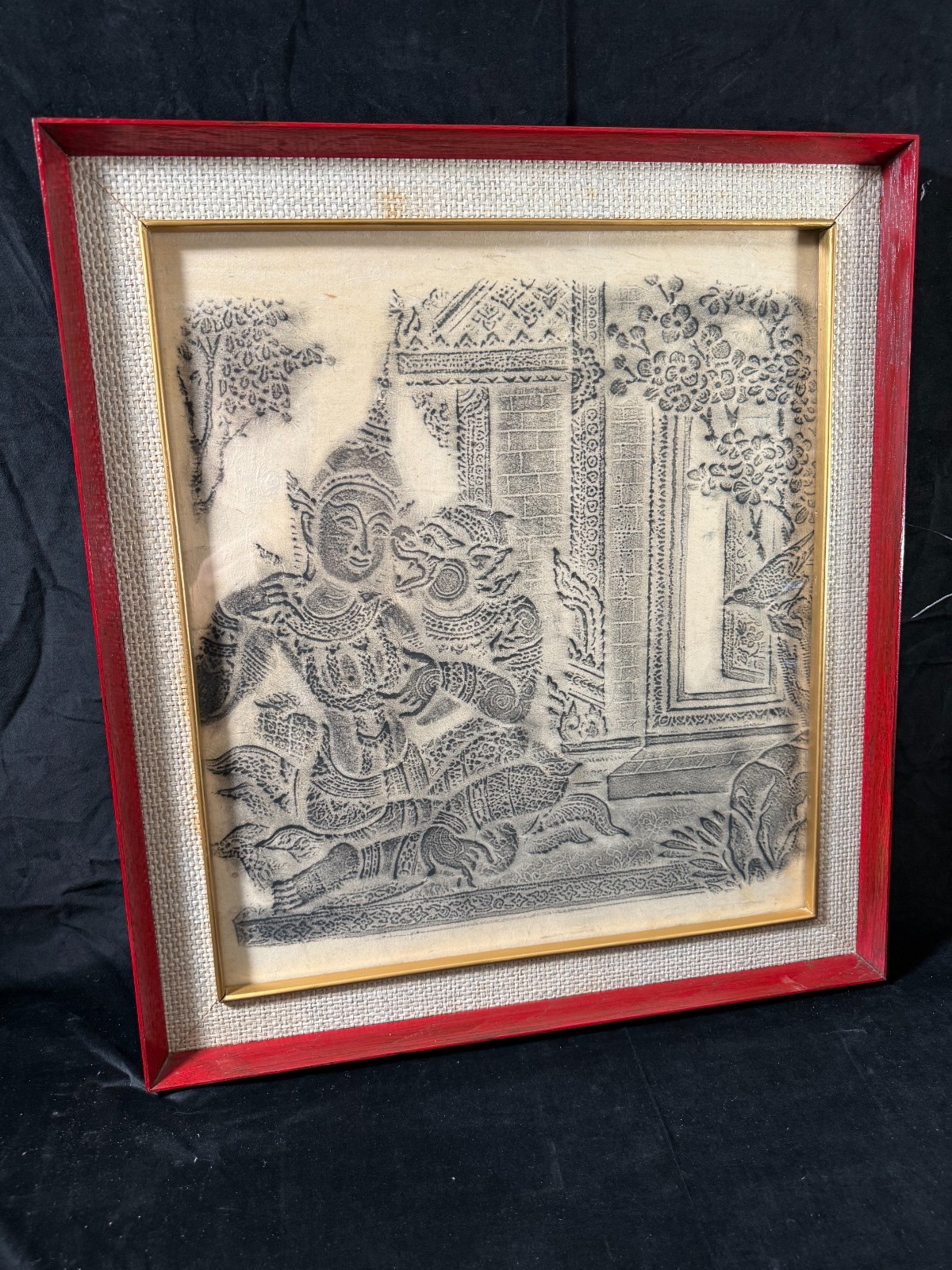Vintage Thai Temple Charcoal Rubbing of Ramakien from Wat Phra Chetuphon (AS1)