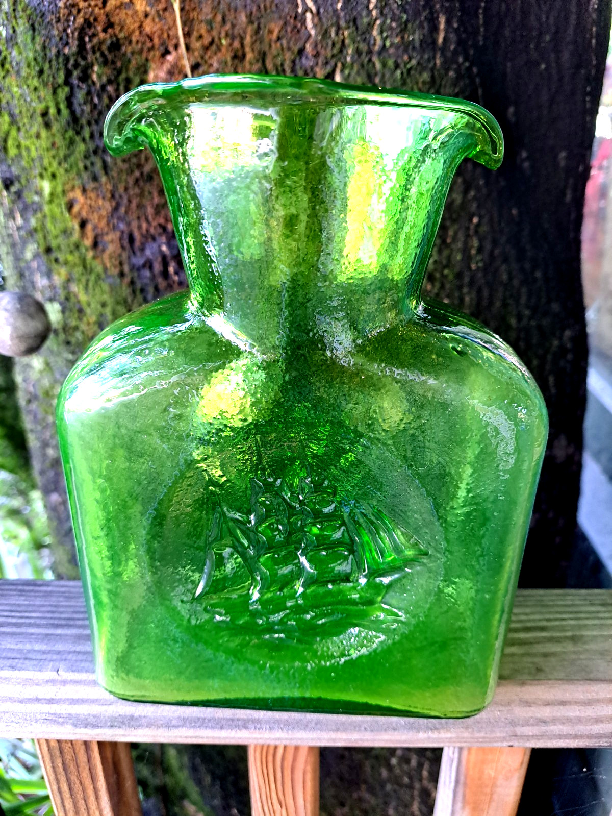 Vintage Kanawha Uranium Glass Water Bottle Clipper Ship Double Spout Carafe Glow
