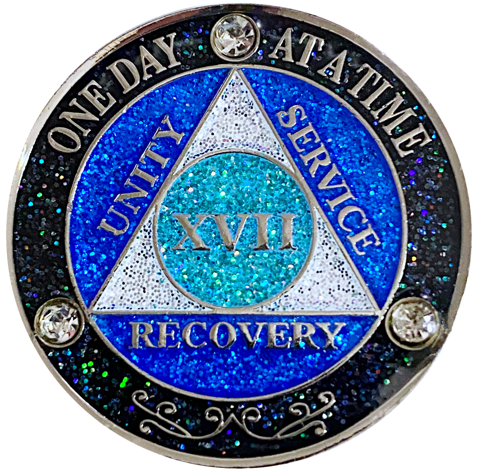 AA 17 Year Crystals & Glitter Medallion, Silver, Blue Color & 3 Crystals