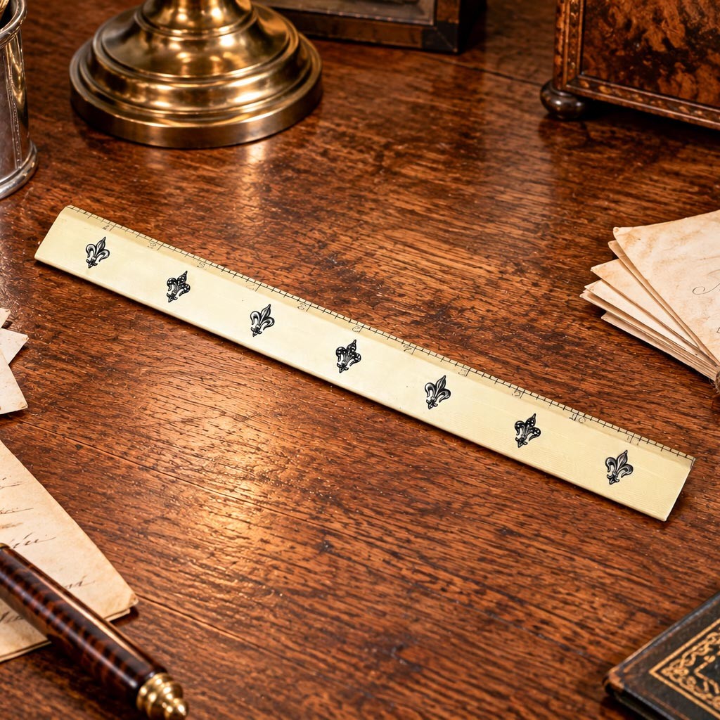 Victorian Antique French Fleur de Lis Desk Ruler Silver Appliqué 12 Inch 