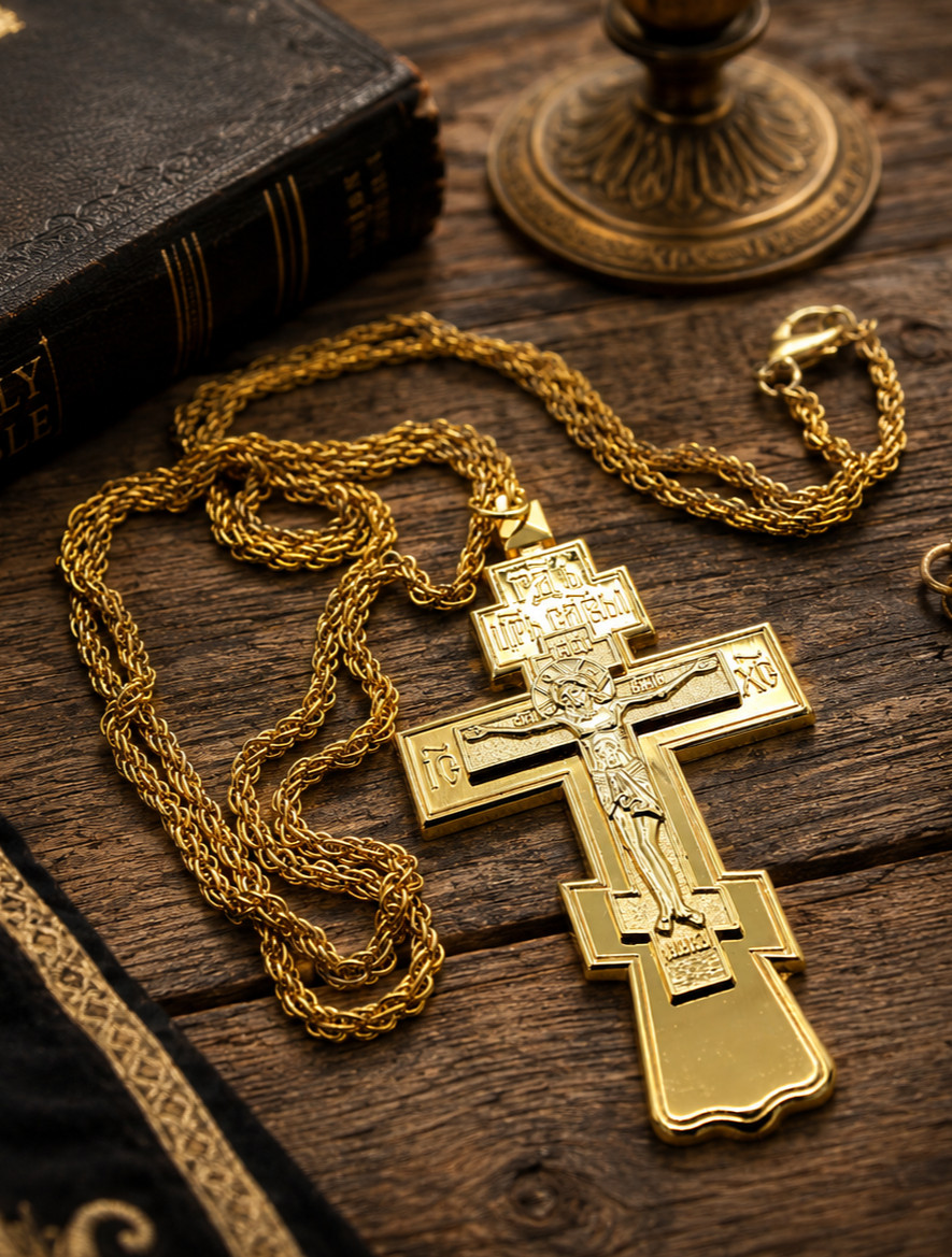 24KT Gold Plated Brass Pectoral Crucifix Cross Pendant and 48 1/2\