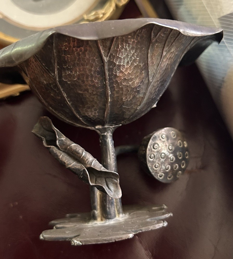 c1890\'s Japanese Meiji Period Bronze? Silver?Ikebana Lotus Blossom Bowl