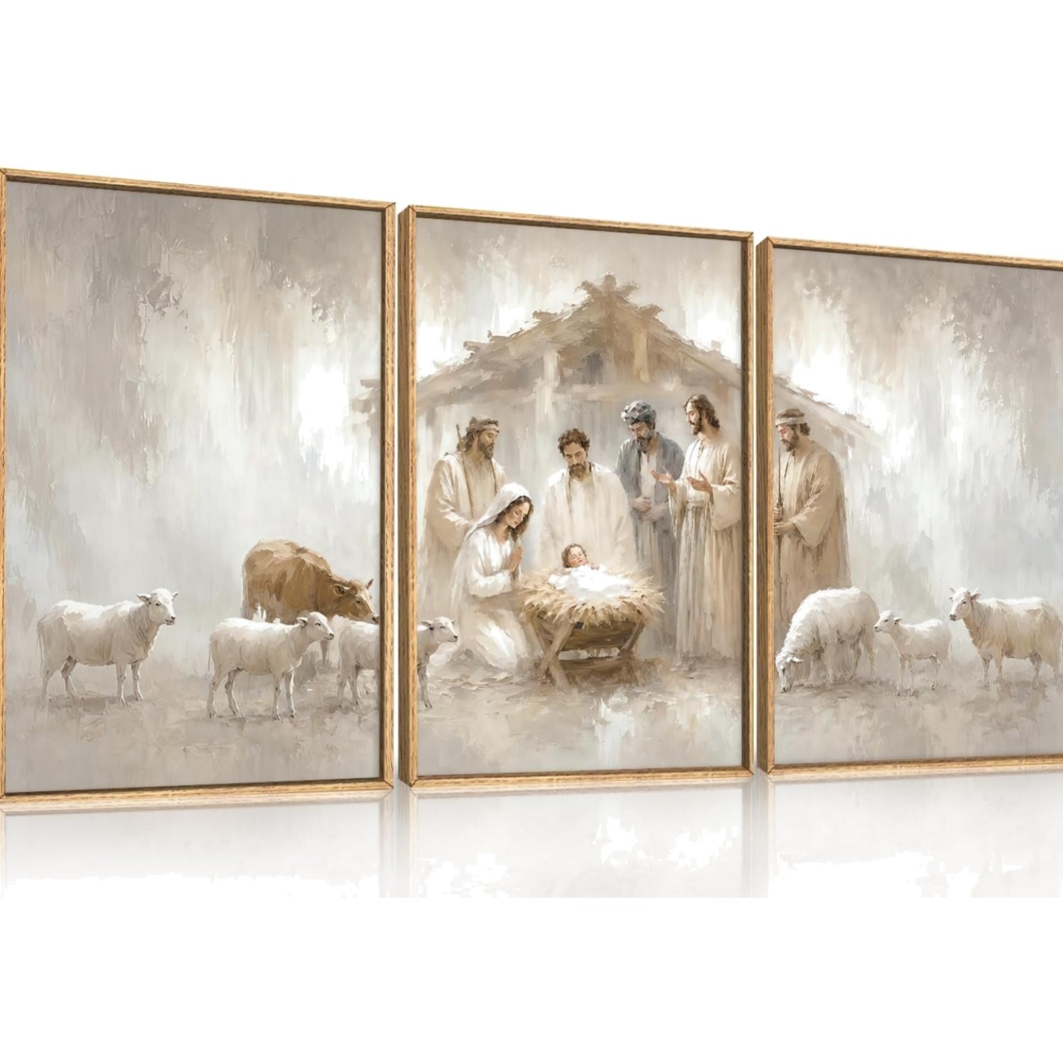 Jesus Nativity Christian Scene Framed Canvas Wall Art Set,Vintage Christmas B...