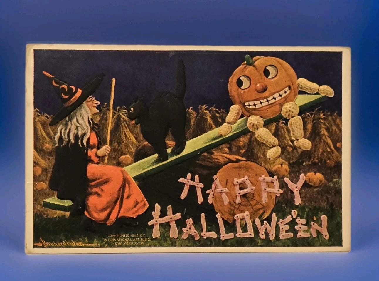 A/S Wall Halloween Postcard Jack O\' Lantern & Witch Tee-er-Totter 1908 Black Cat