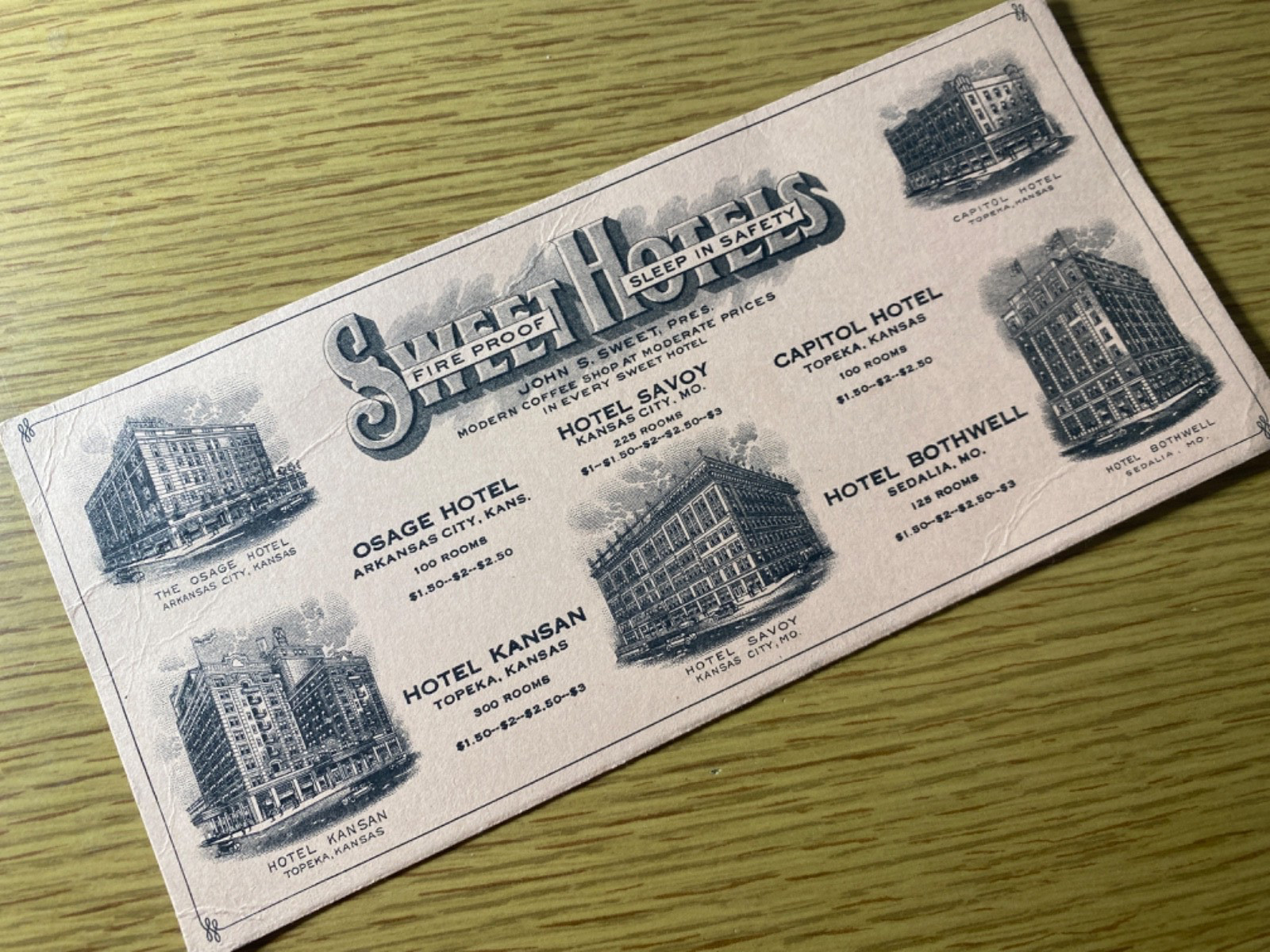 1910 John S. Sweet Hotels Antique Blotter Card Hotel Chain In Kansas Missouri