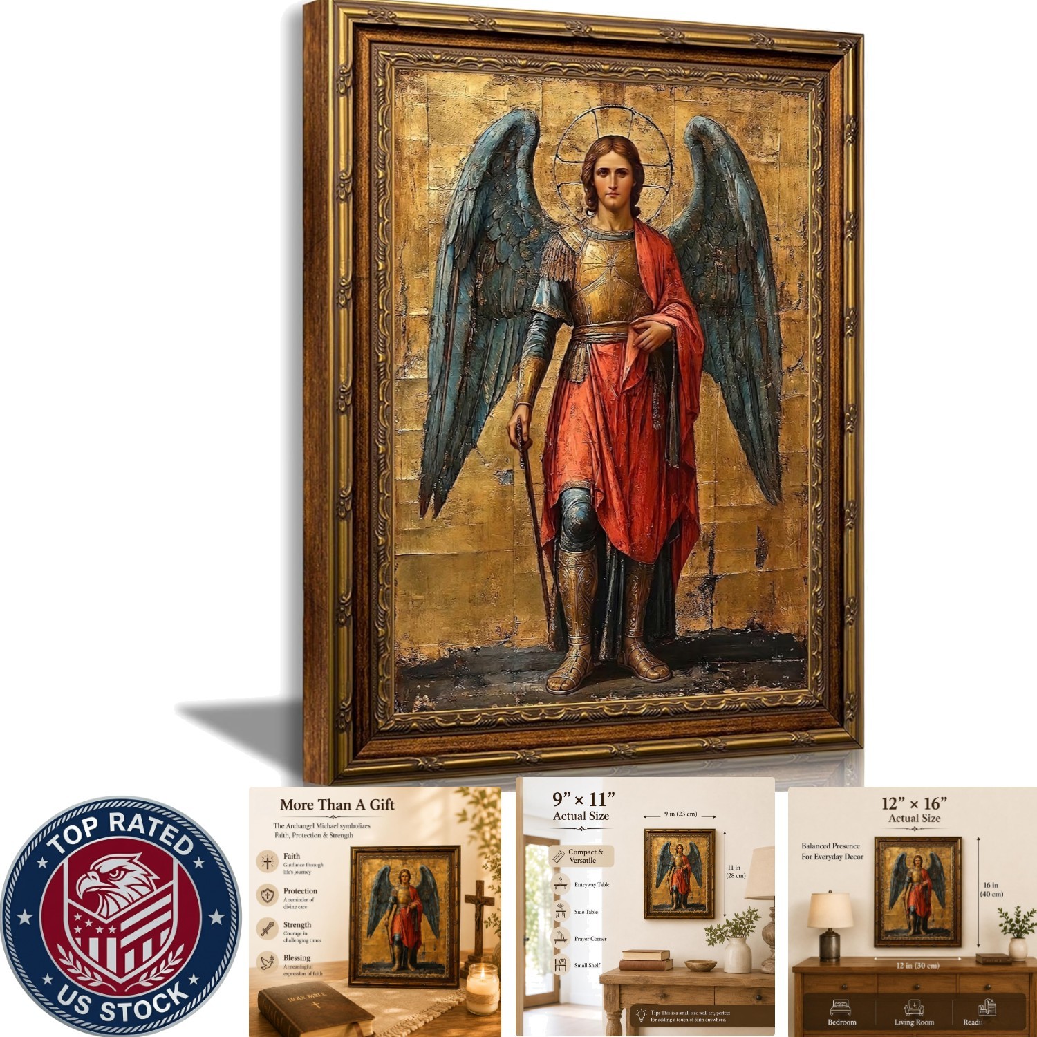 16x24in Saint Michael the Archangel Canvas Art - Vintage Gold Framed Beauty