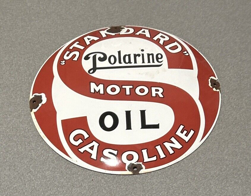 VINTAGE 12” DOMED POLARINE STANDARD PORCELAIN SIGN CAR GAS OIL TRUCK