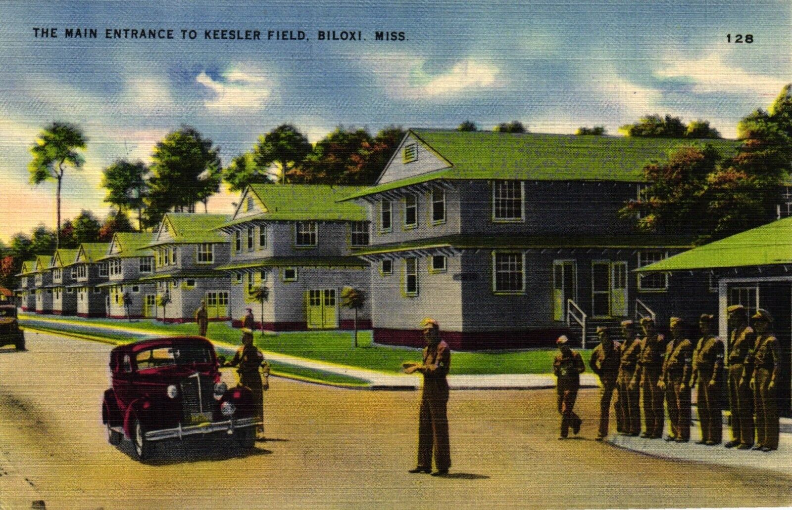 Linen Post Card, Keesler Field, Biloxi MS. Main Gate WWII Vintage
