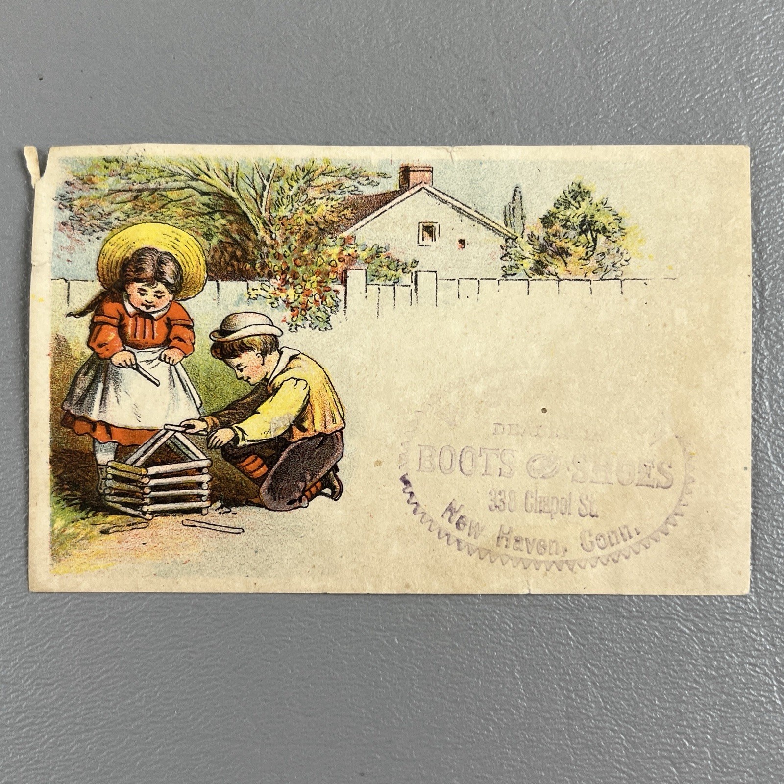 Victorian Trade Card Children Playing Boots & Shoes New Haven Conn 2.5x4\