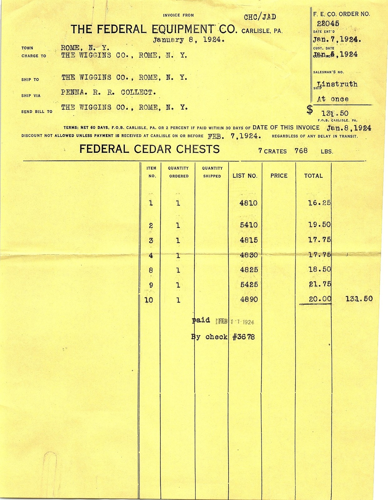 1924 Federal Equipment Co. Cedar Chests Billhead to Wiggins