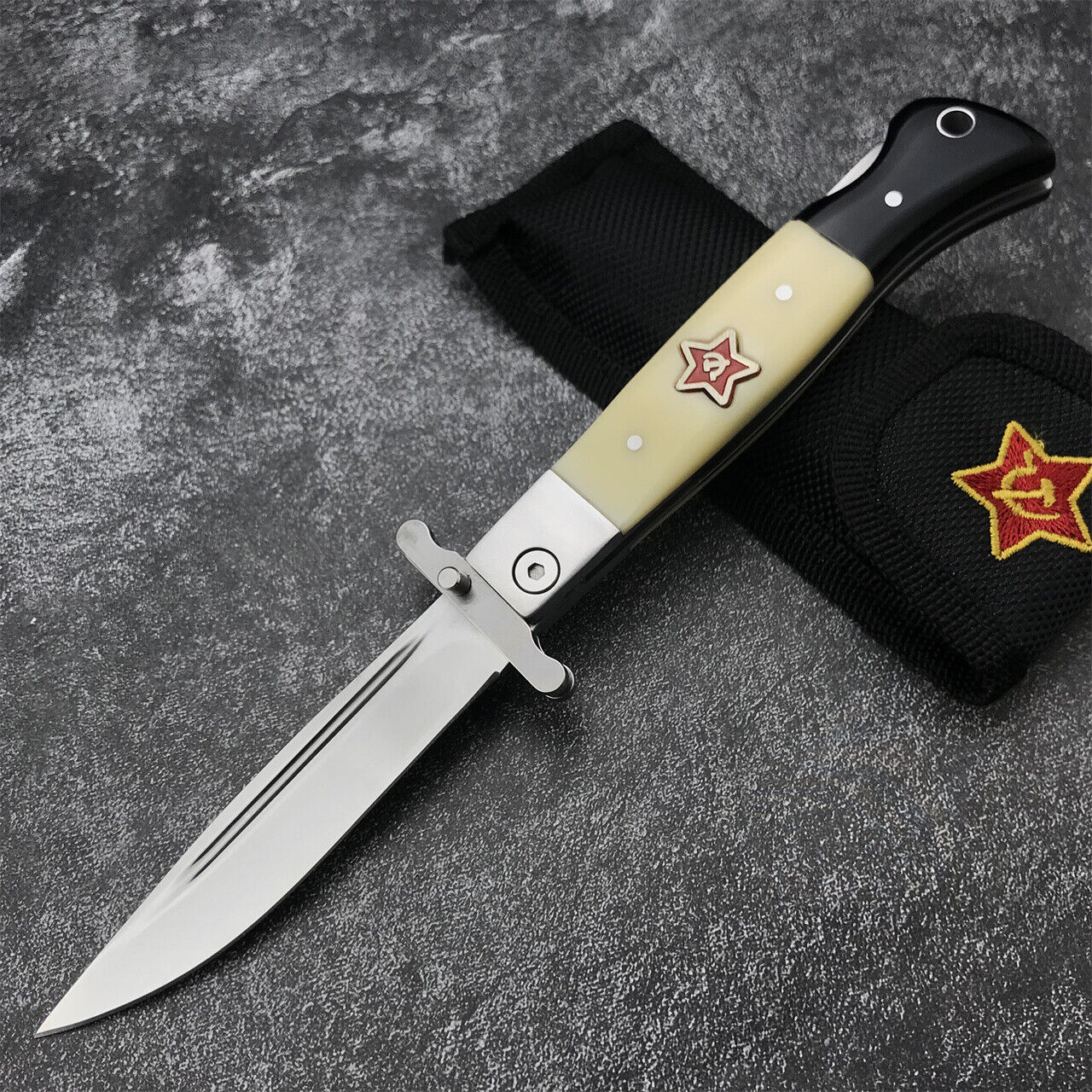 Russian Patriot KGB Folding Knife 3.7 in X12M Blade Black Wood/Resin Handle