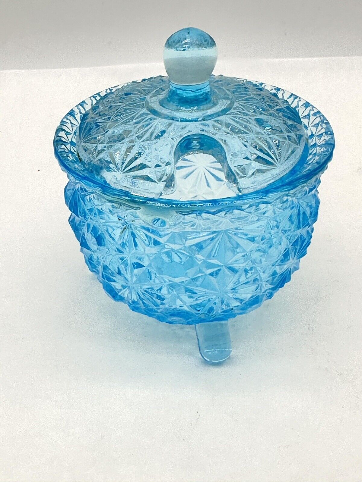 Vintage Lidded Pressed Glass Blue Sugar Bowl Daisy Button Pattern NO SPOON