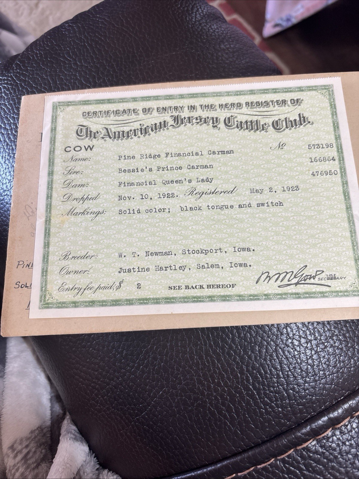 1923 THE AMERICAN JERSEY CATTLE CLUB-COW PEDIGREE RareCERTIFICATE  W/Env.Carman