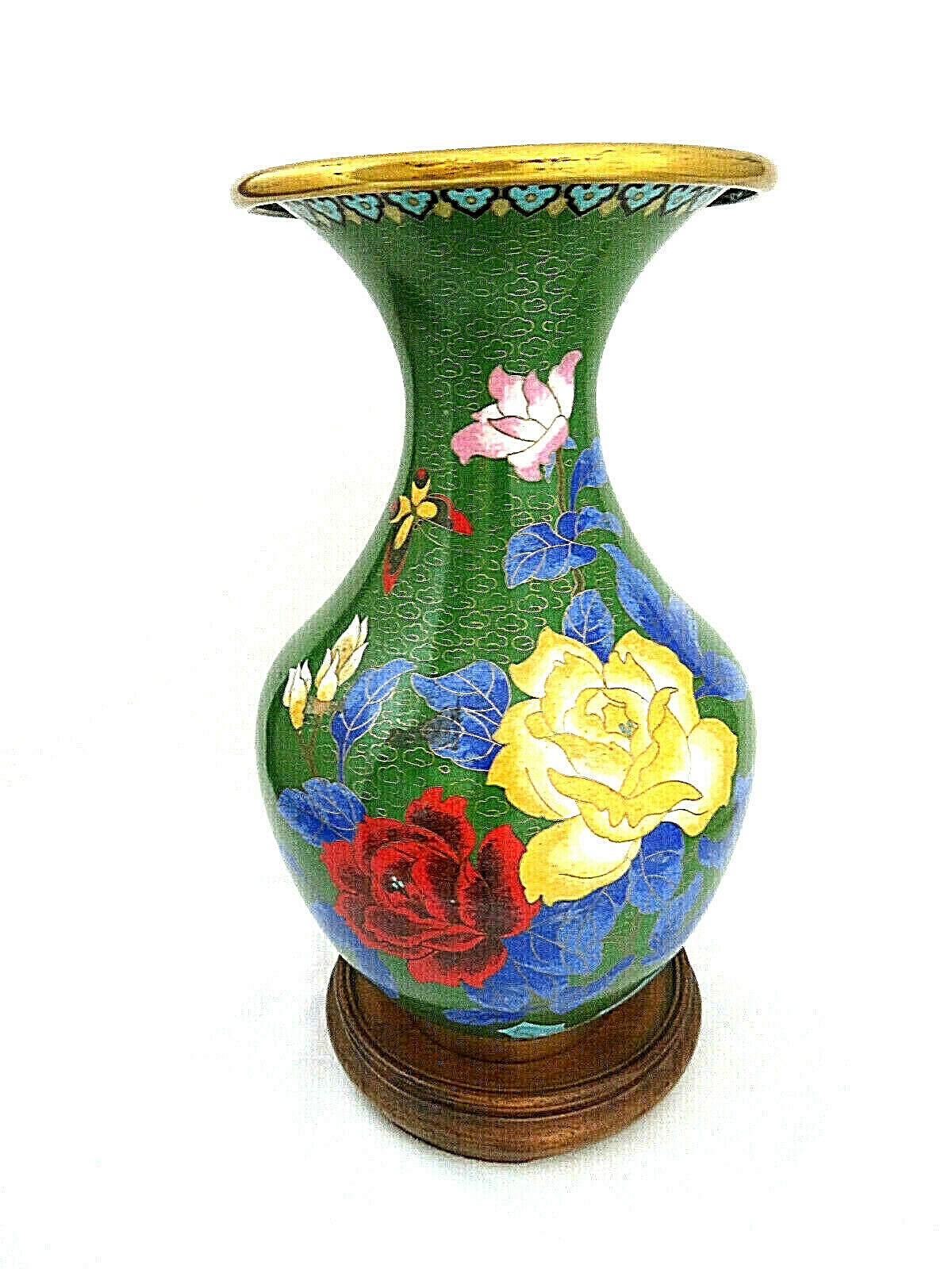 Vintage Chinese Cloisonne Floral Green Enamel Vase 10