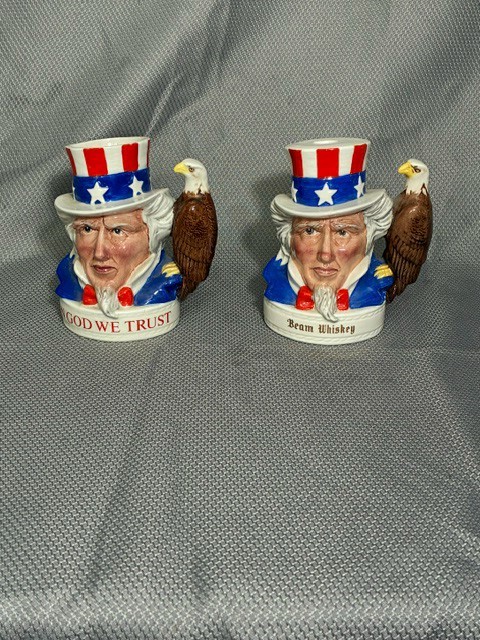 Royal Doulton Uncle Sam Jim Beam Whiskey Jugs Pair Eagle Handle Vintage Rare