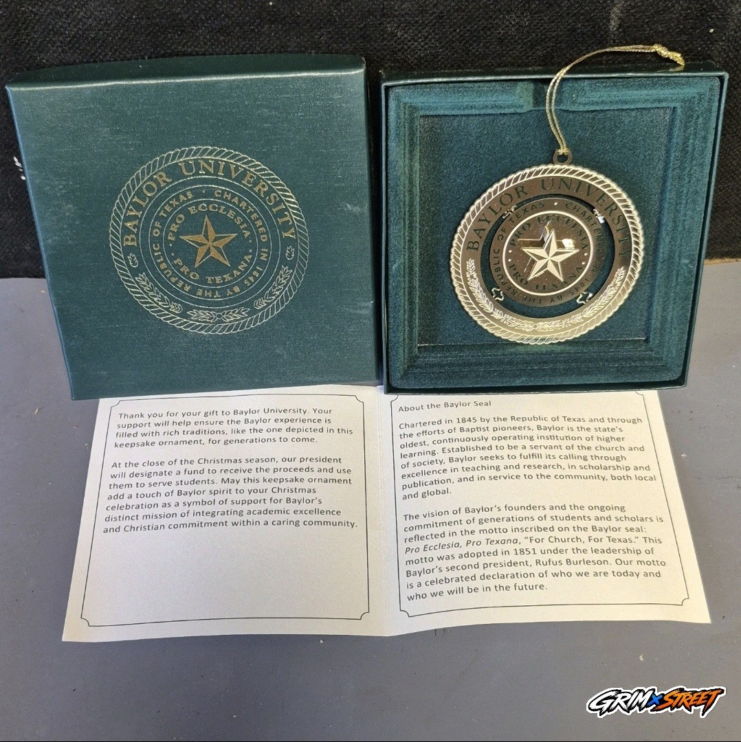 Baylor University Seal Metal Christmas Holiday Ornament Gold & Green w Gift Box 