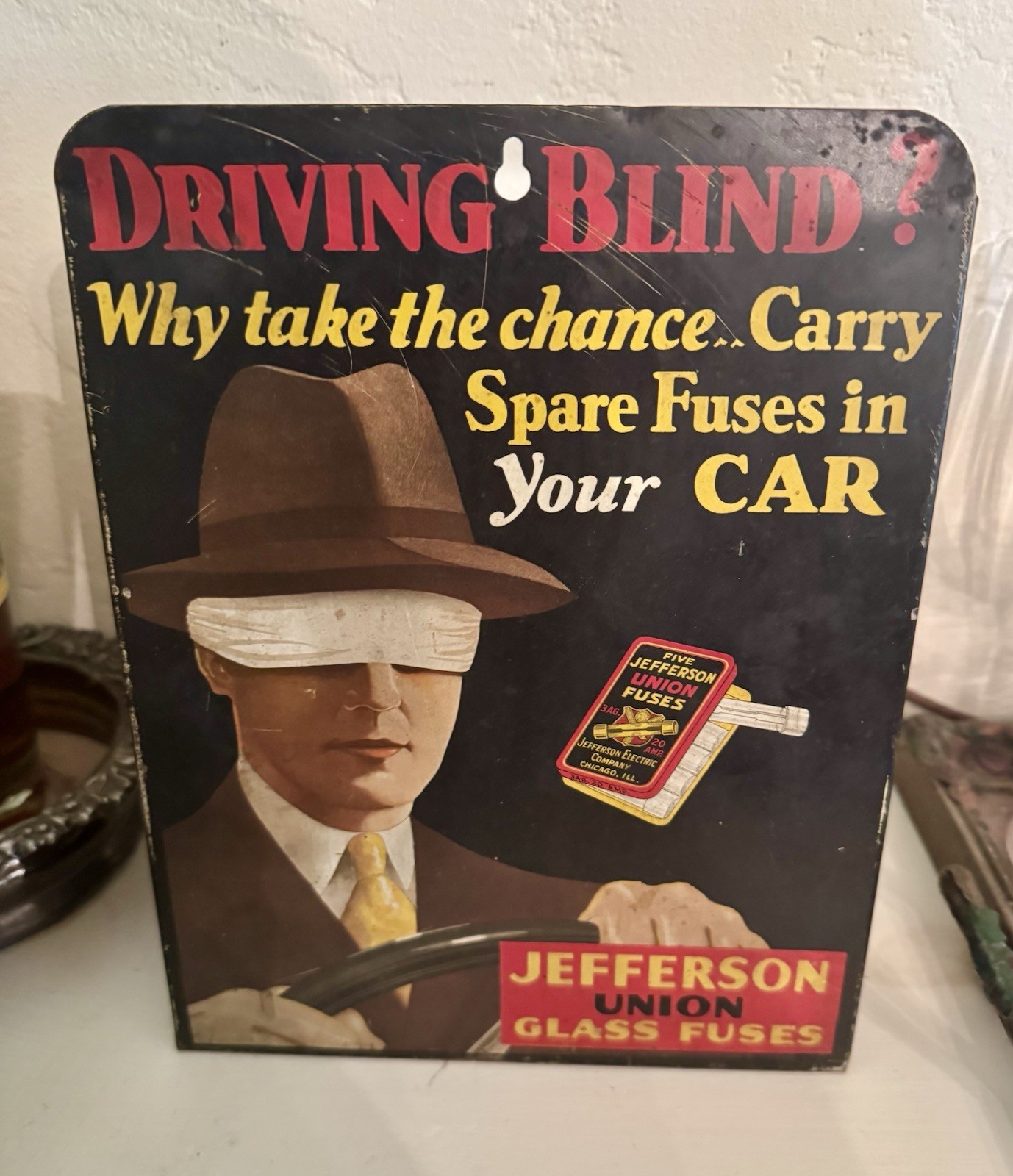 Vintage Early Jefferson Union Glass Fuse Driving Blind Advertising Store Display