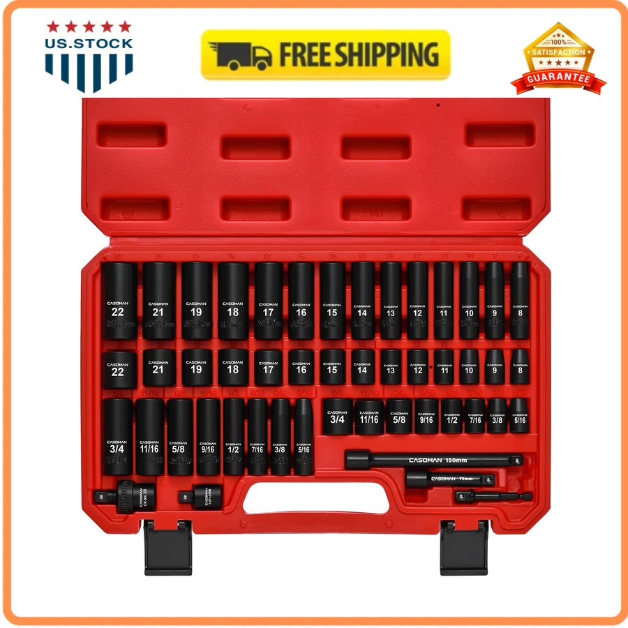 CASOMAN 49 Piece 3/8 Drive Impact Socket Set SAE and Metric 6 Point Cr-V Steel