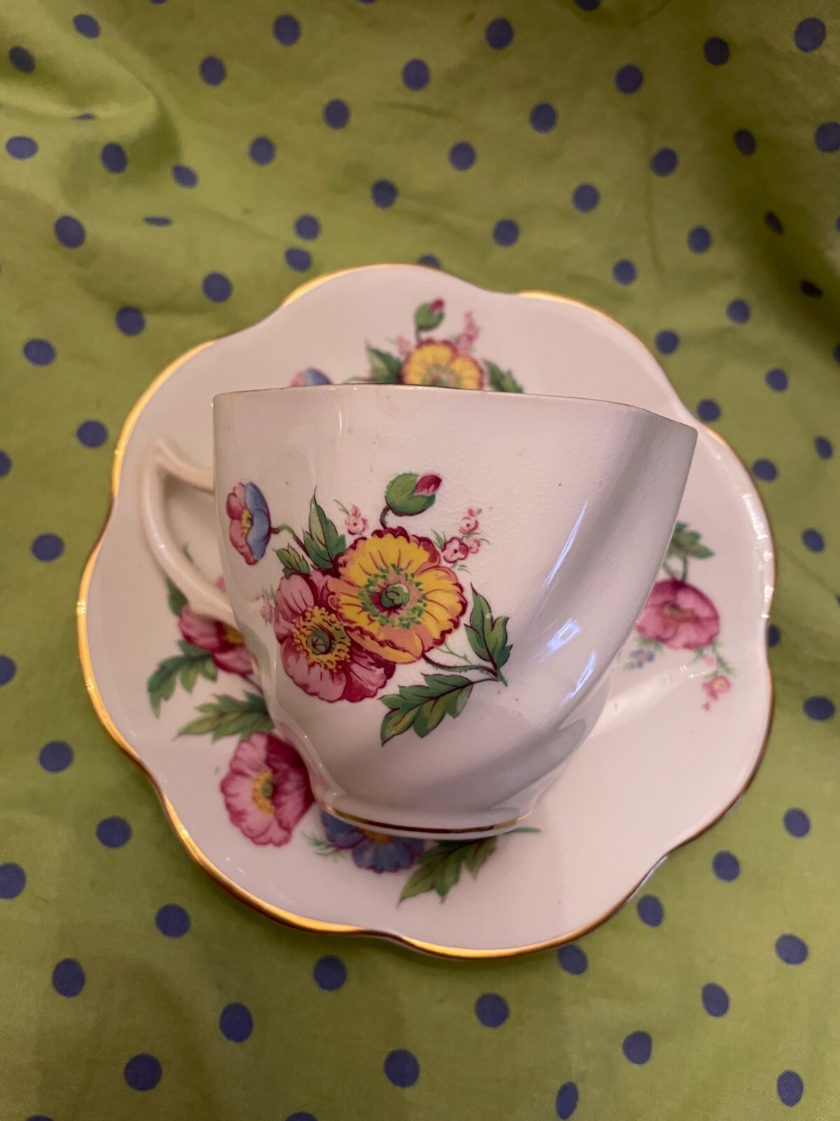 English Bone China Cup & Saucer Pink/Yellow/Blue Wild Roses, Swirl Pattern