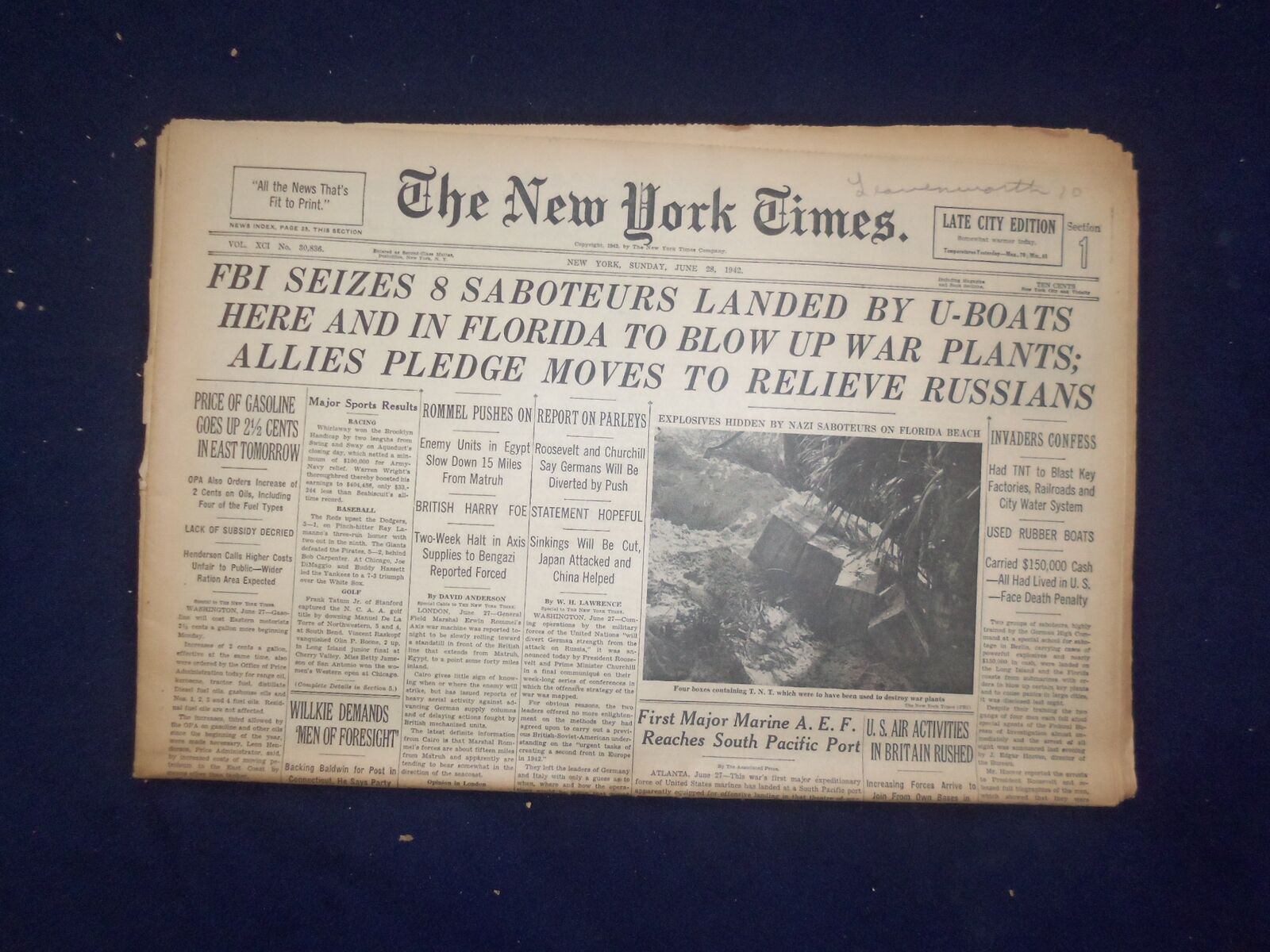 1942 JUNE 28 NEW YORK TIMES - FBI SEIZES 8 SABOTEURS LANDED BY U-BOATS - NP 6504