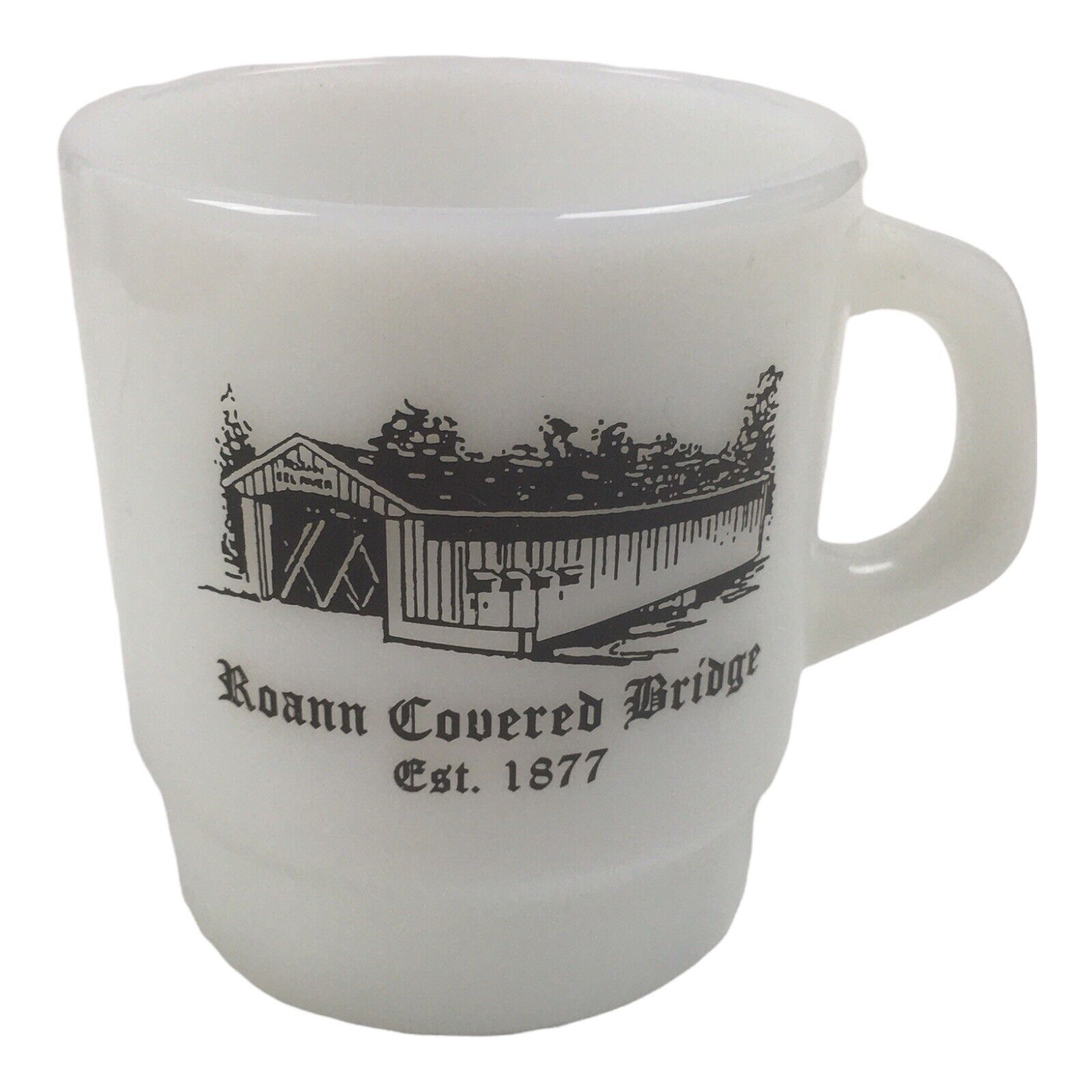 Fire King Roann Covered Bridge Mug Coffee Cup Stackable 10 oz Glass Indiana