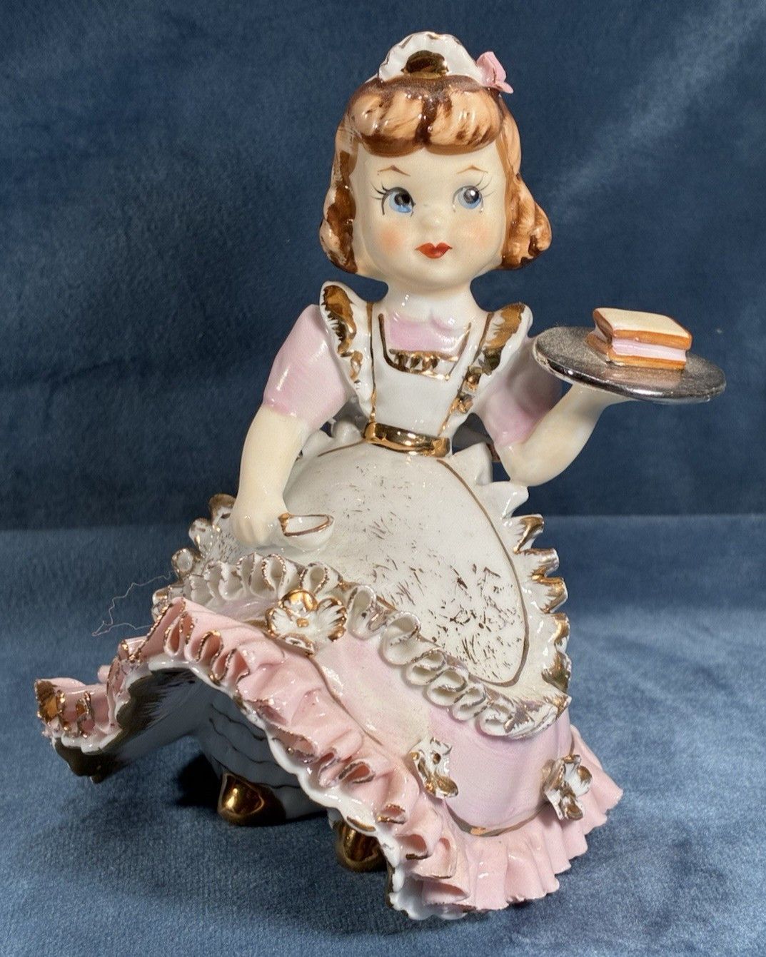 Vintage Lefton Waitress Bloomer Girl Figurine Gold Trim 1950\'s Rare