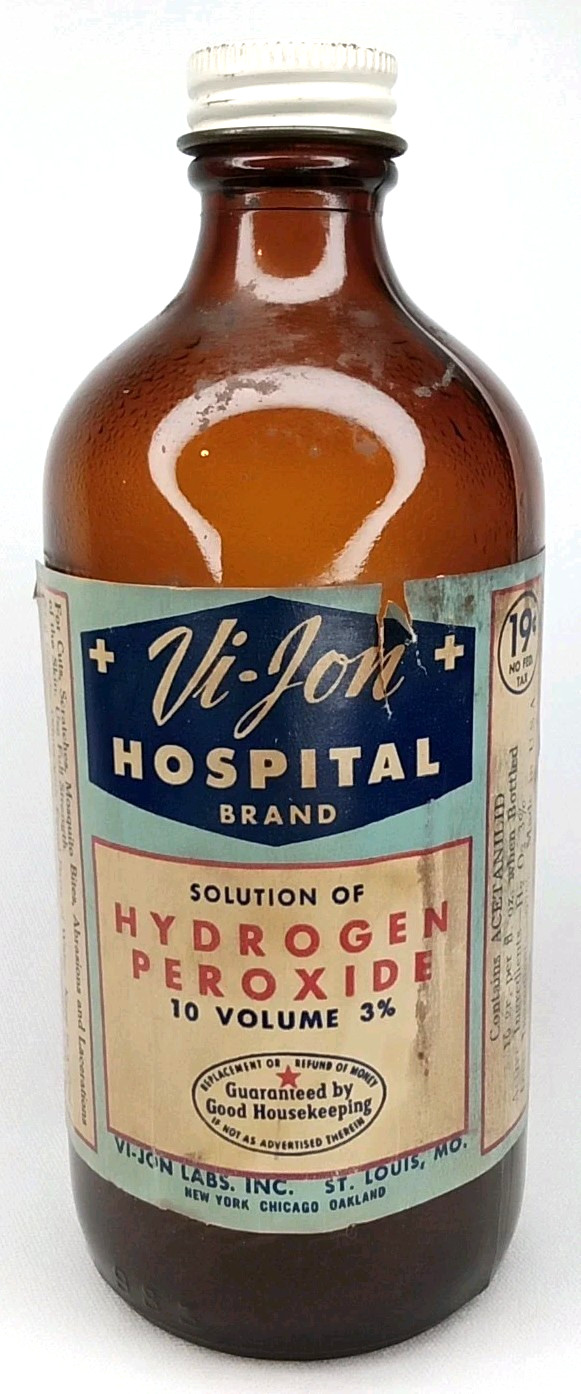 VTG 1940s Advertising Vi-Jon Hydrogen Peroxide Amber Glass Bottle New Arrival