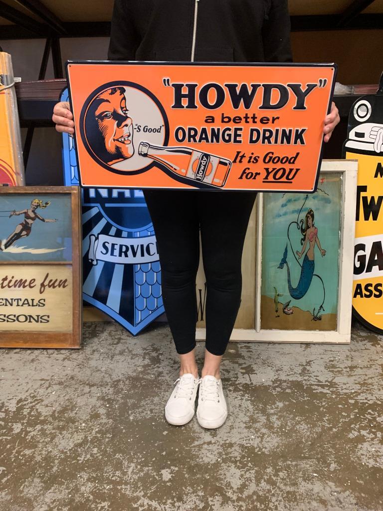 Antique Vintage Old Style Sign Howdy Orange Soda Made USA