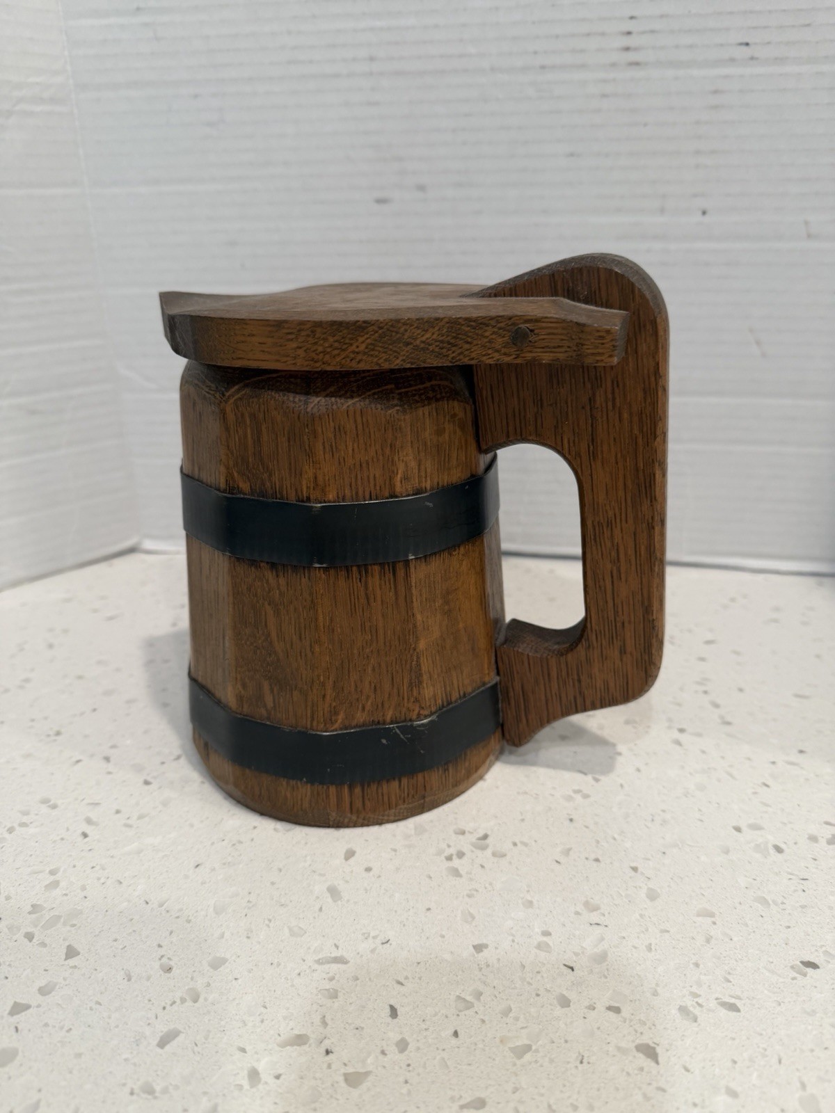 Rustic Wooden Lidded Beer Stein With Accented Metal Bands