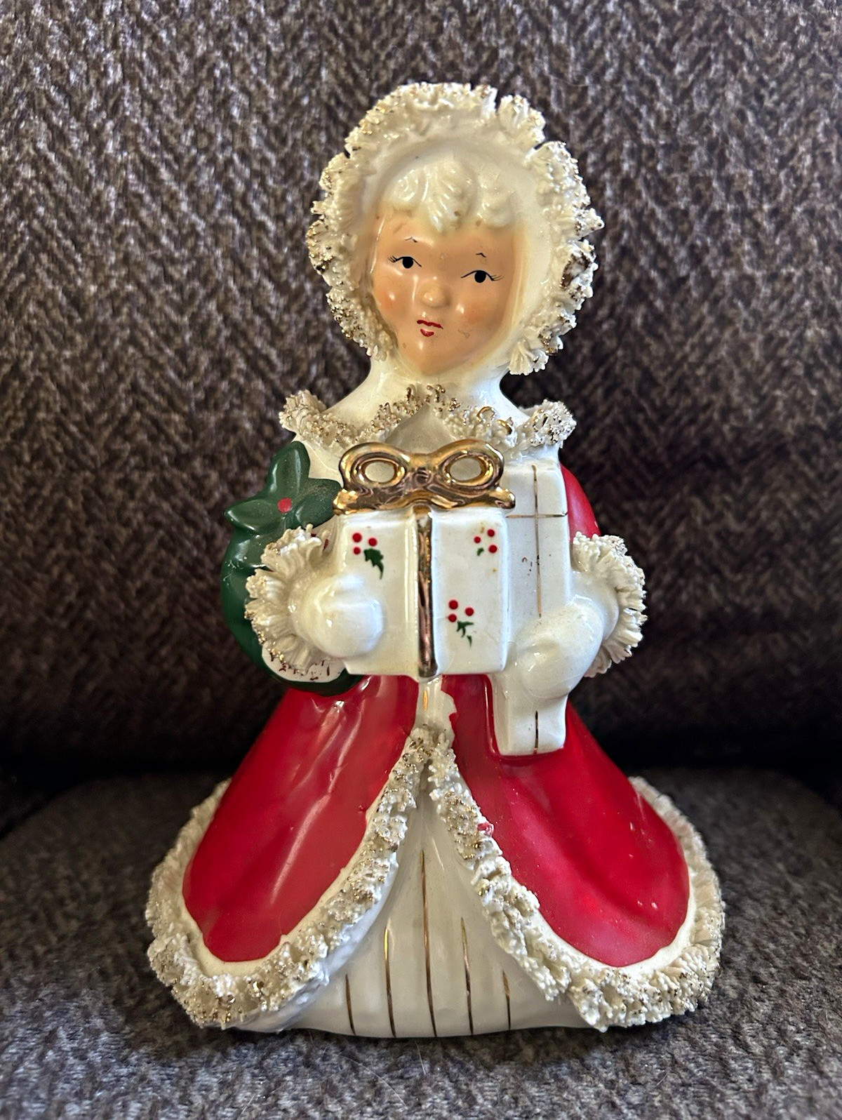 Vintage Relpo Christmas Girl Figurine Planter with Spaghetti Trim