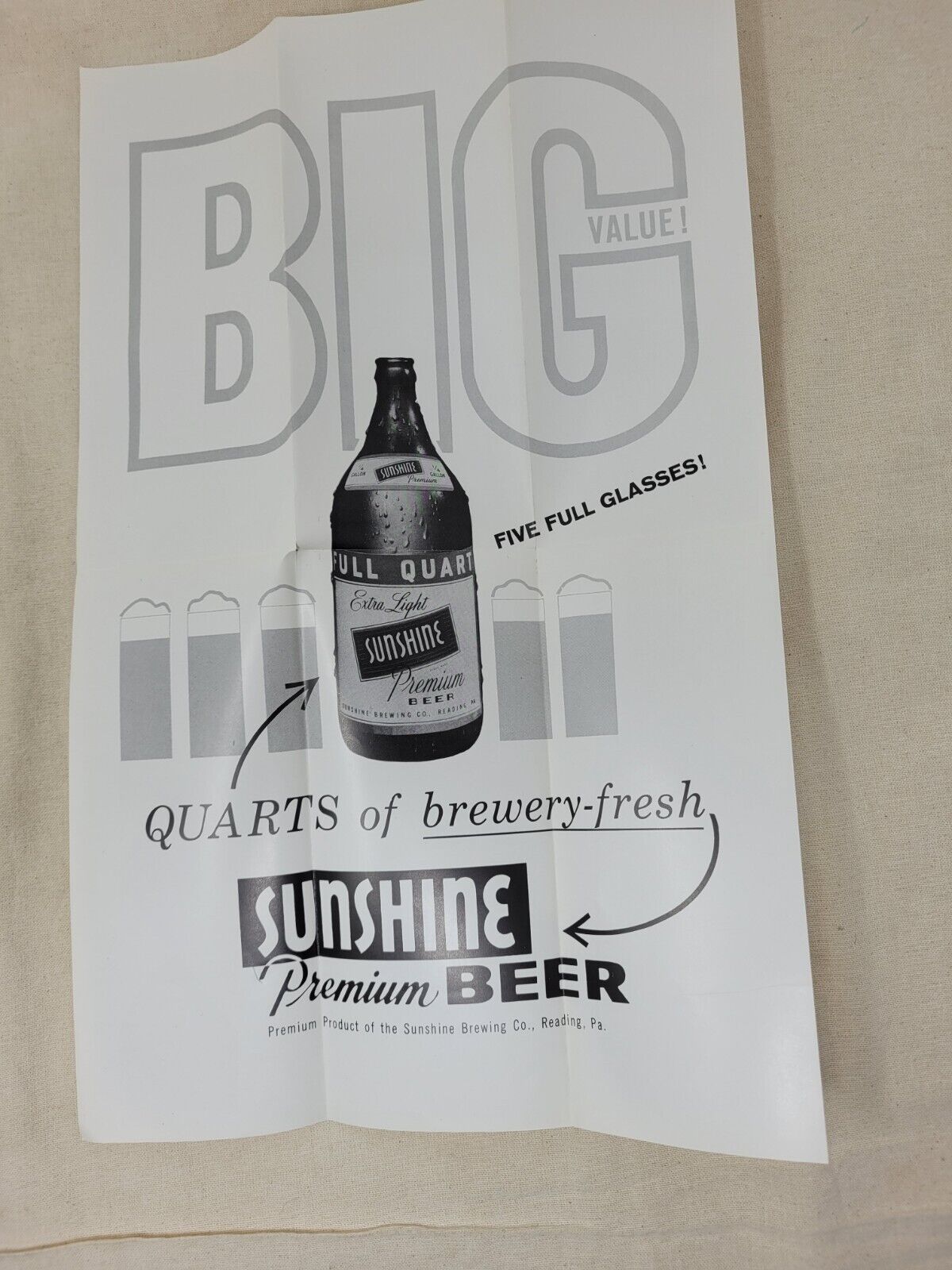 Vintage Sunshine Premium Beer Extra Light Poster Advertisement original reading 