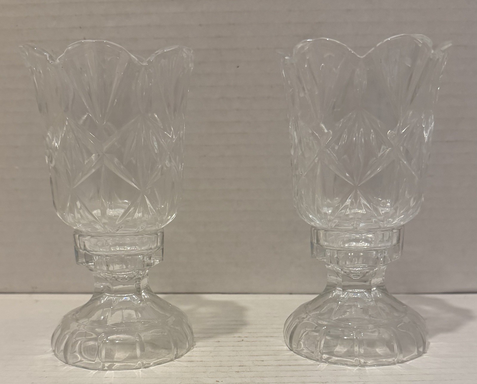 Vintage 2 Piece Clear Cut Crystal Hurricane Lamp Candle/Votive Set of 2