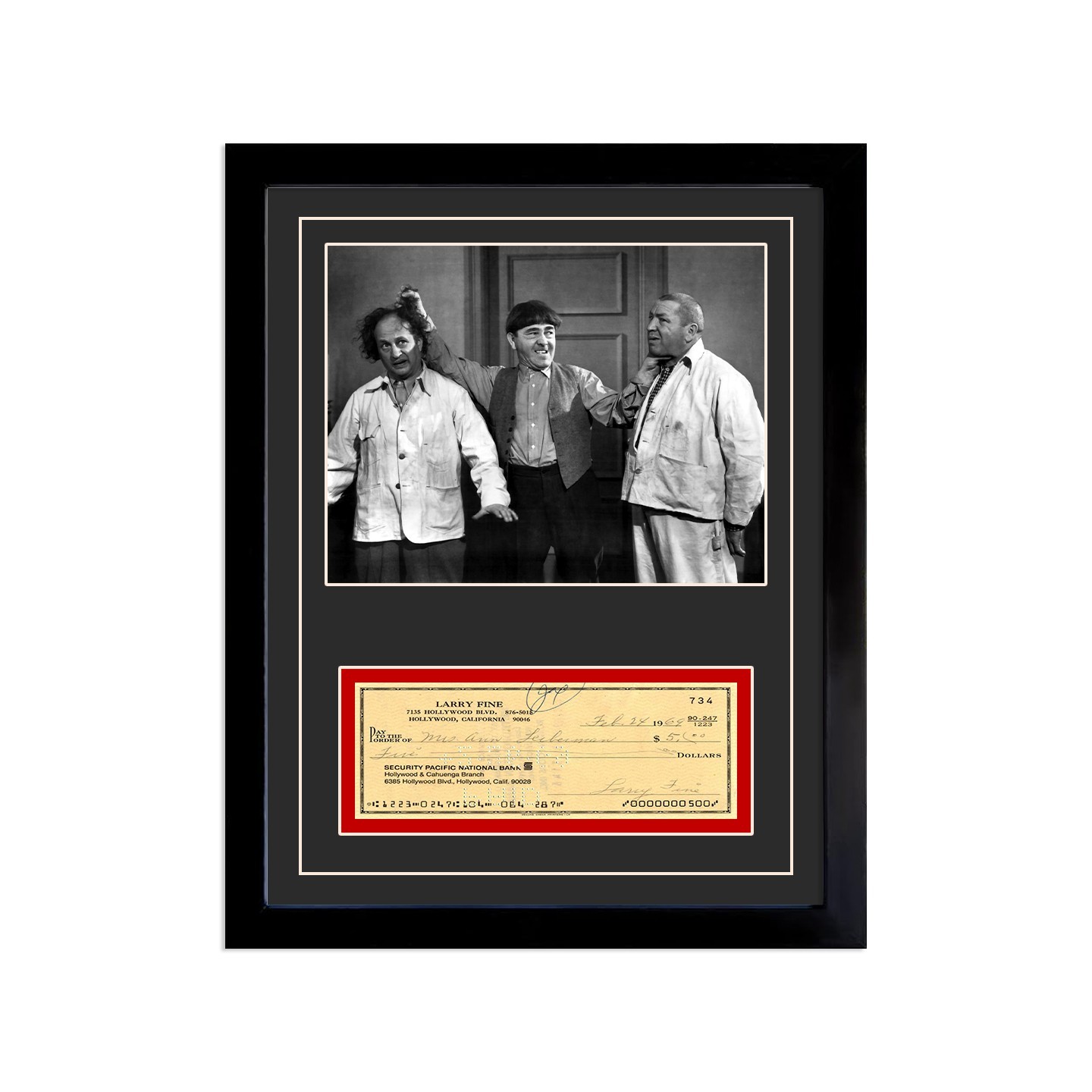 Larry Fine Reproduction Signed Cancelled Check  Framed Display