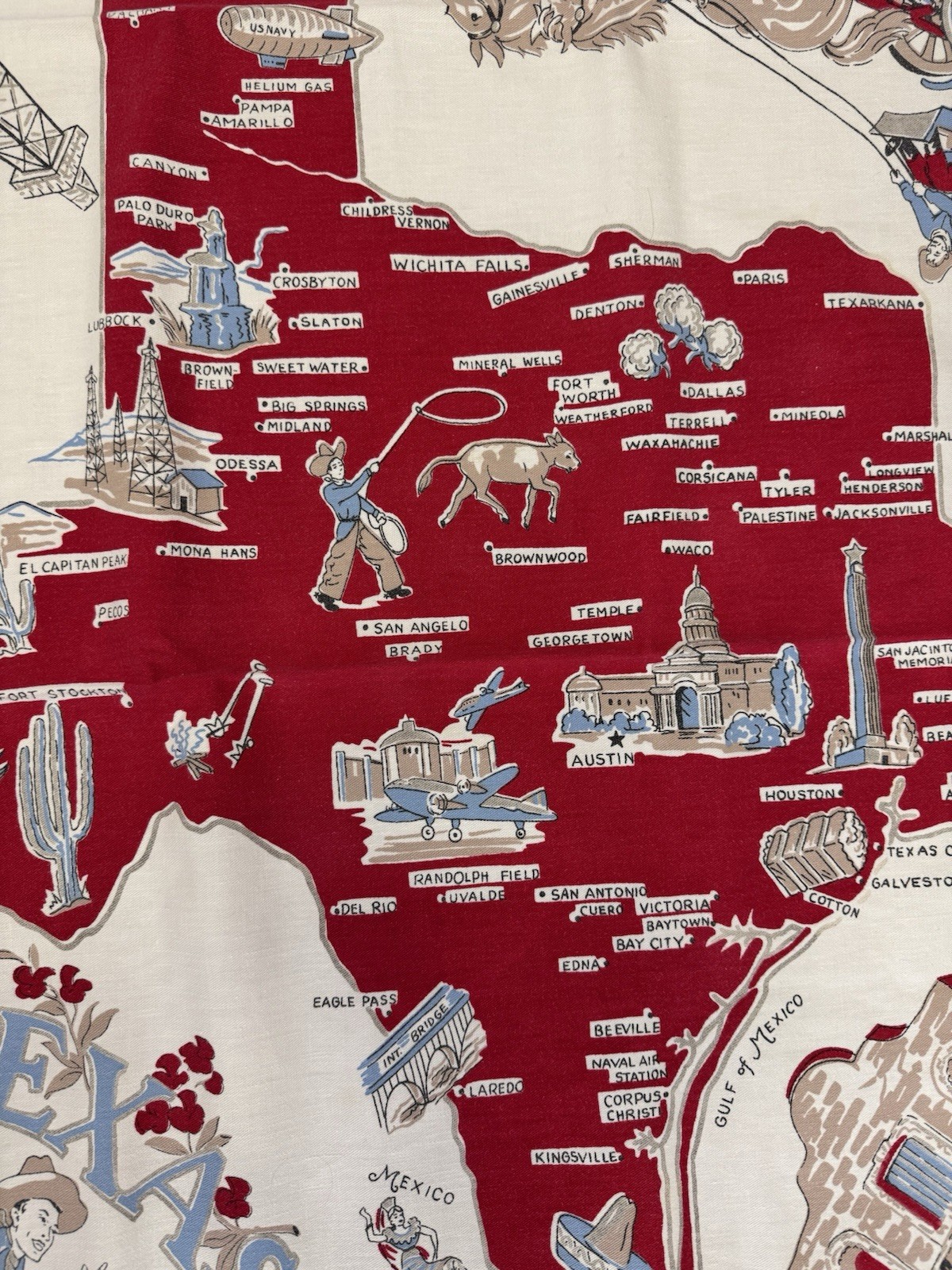 Vintage Texas State Souvenir Map Tablecloth Cotton Landmarks 1940s-1950s Vintage Texas State Souvenir Map Tablecloth Cotton Landmarks 1940s-1950s