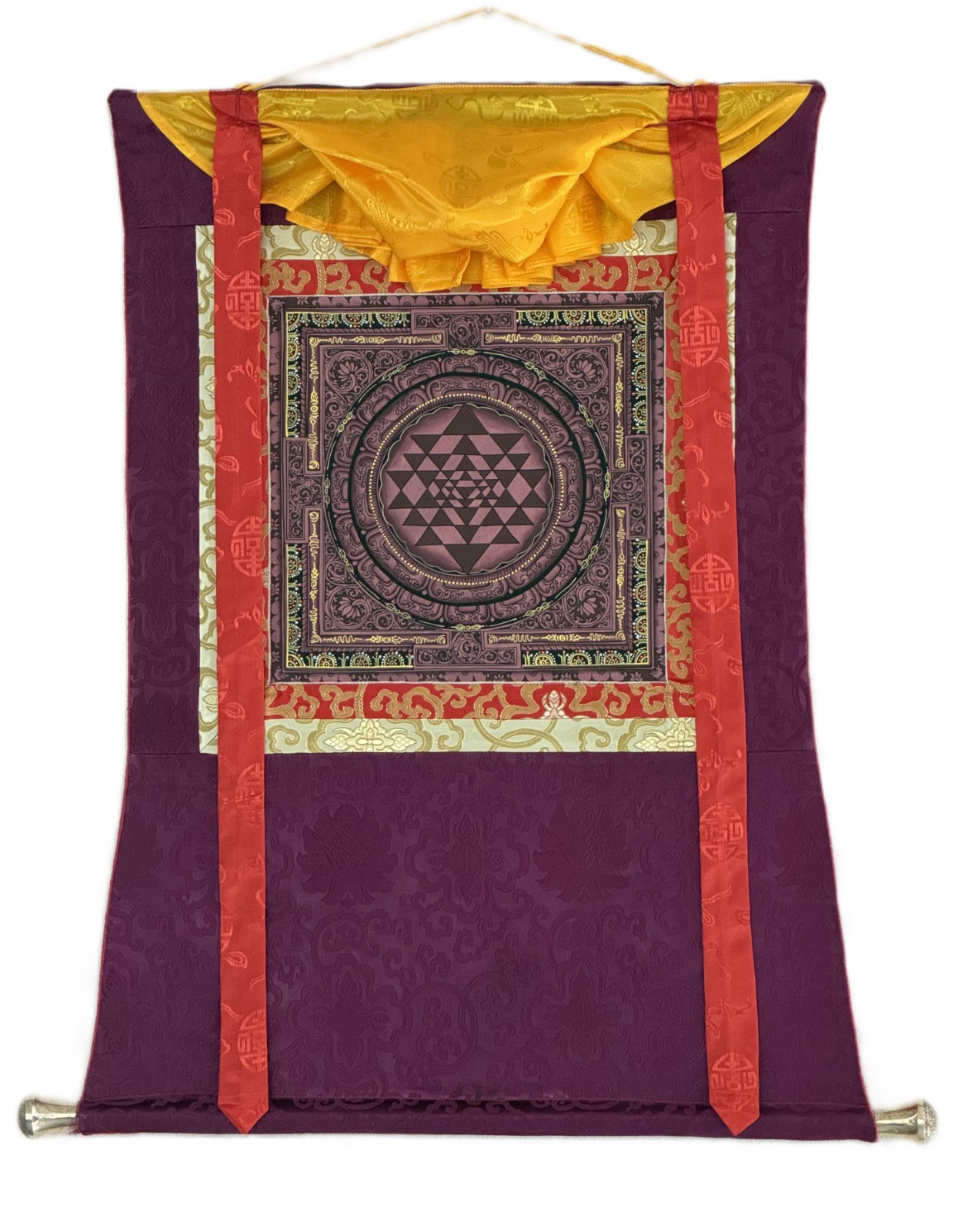 SRI YANTRA HAND-PAINTED THANGKA WITH SILK BROCADE – SHRI CHAKRA SACRED ART