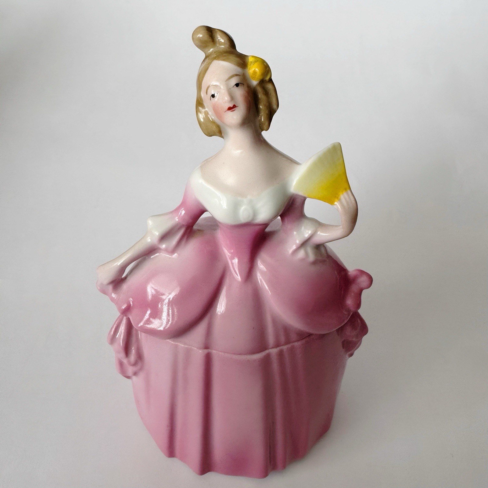 Antique E&R Germany Madame Pompadour Dresser Doll Pink Powder Trinket Box