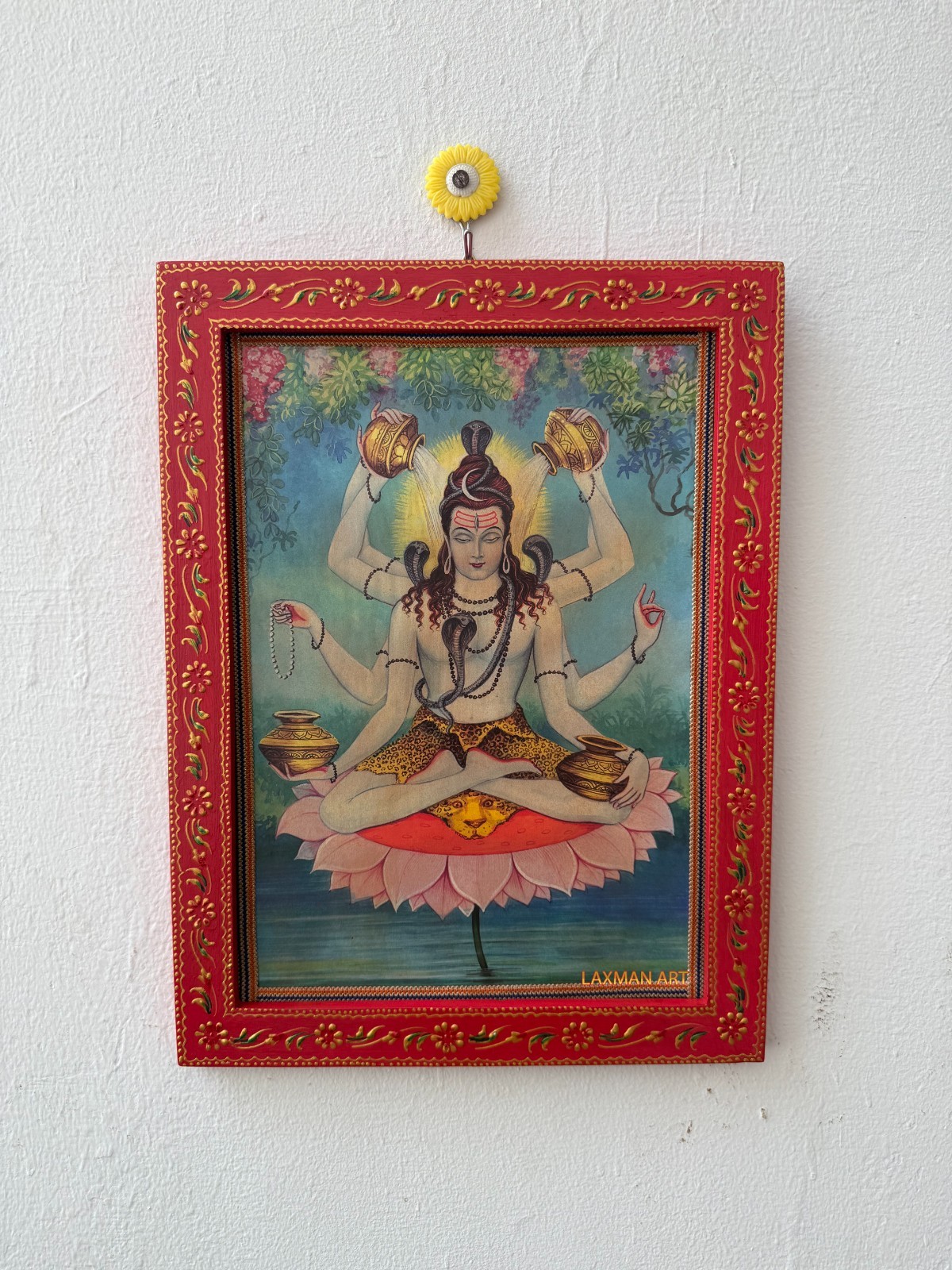Vintage Shiva Photo Frame Handmade Painted Hindu God Wooden Wall Decor - 12x16 \