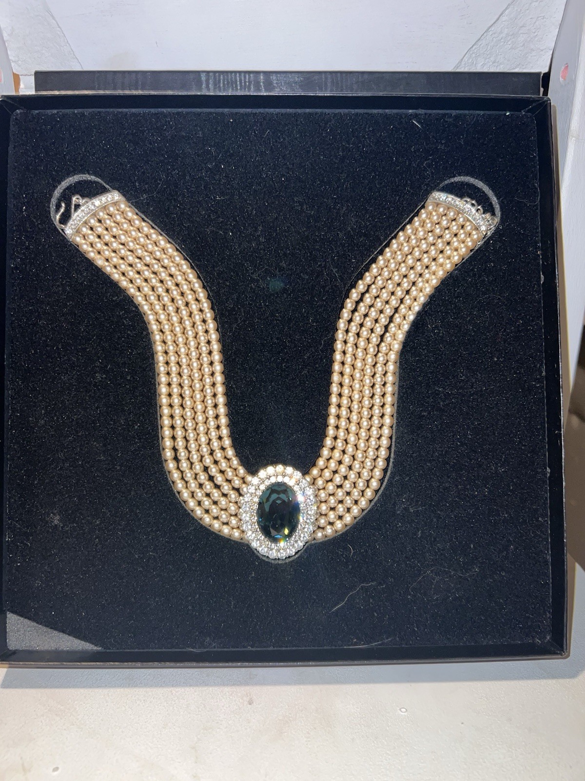 Princess Diana Iconic Faux Pearl Sapphire Halo Crystal Rhinestone Necklace 