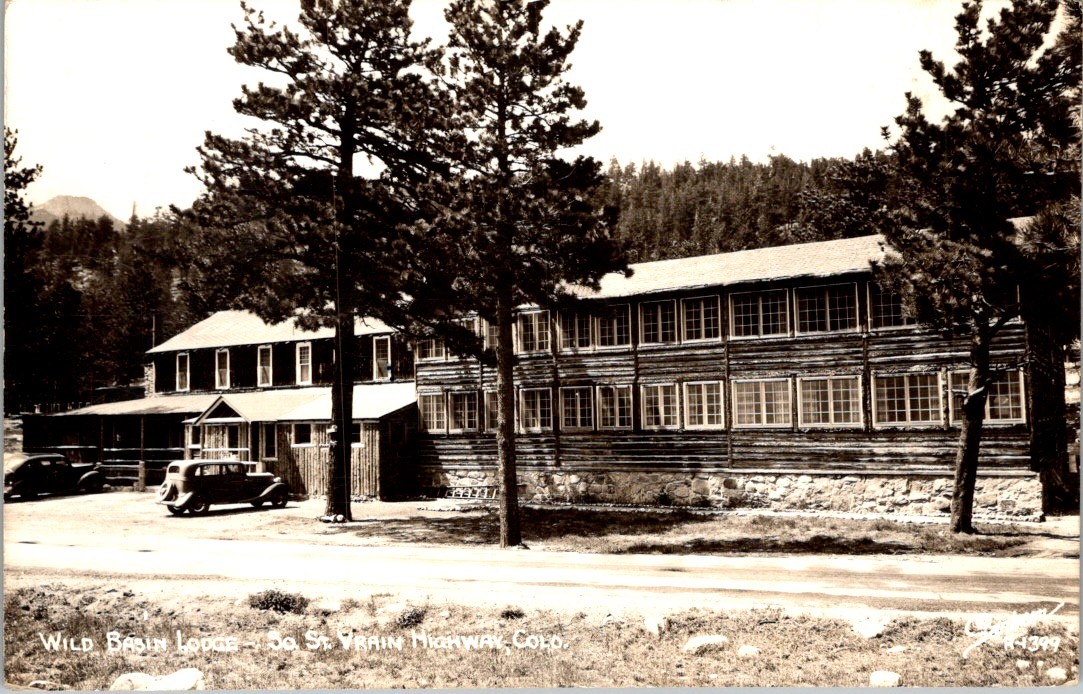 1938-40s Wild Basin Lodge CO Postcard w/ Prexie Stamp Log Cabin & Rockies